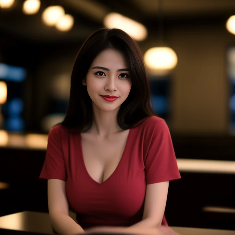 8K images, Shot with a high quality Fuji 45 camera.,000,000 pixels raw photo, best quality, Masterpiece:1.2), (realistic, photo-realistic:1.37), very detailed,
1 woman,cute, Action in various poses, alone,Beautifully detailed sky,nighttime, in an open restaurant,) ,big breasts, seductive smile, wide aperture, professional lighting, Sony A7R4, 50mm sessile lens. 2 medium sized breasts,Beautifully detailed eyes,(dark red t-shirt, Long hair floats up:1.2),floating hair
