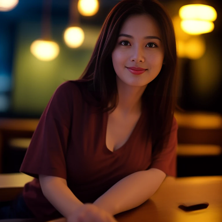 8K images, Shot with a high quality Fuji 45 camera.,000,000 pixels raw photo, best quality, Masterpiece:1.2), (realistic, photo-realistic:1.37), very detailed,
1 woman,cute, Action in various poses, alone,Beautifully detailed sky,nighttime, in an open restaurant,) ,big breasts, seductive smile, wide aperture, professional lighting, Sony A7R4, 50mm sessile lens. 2 medium sized breasts,Beautifully detailed eyes,(dark red t-shirt, Long hair floats up:1.2),floating hair