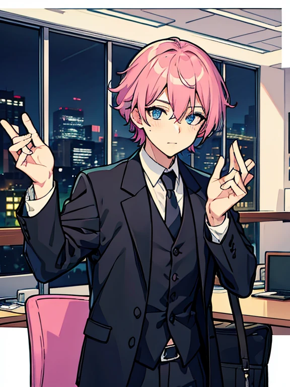 Man with pink hair, Black executive suit, expect, gentle look, blue eyes, Pink Eyeshadow, in office.