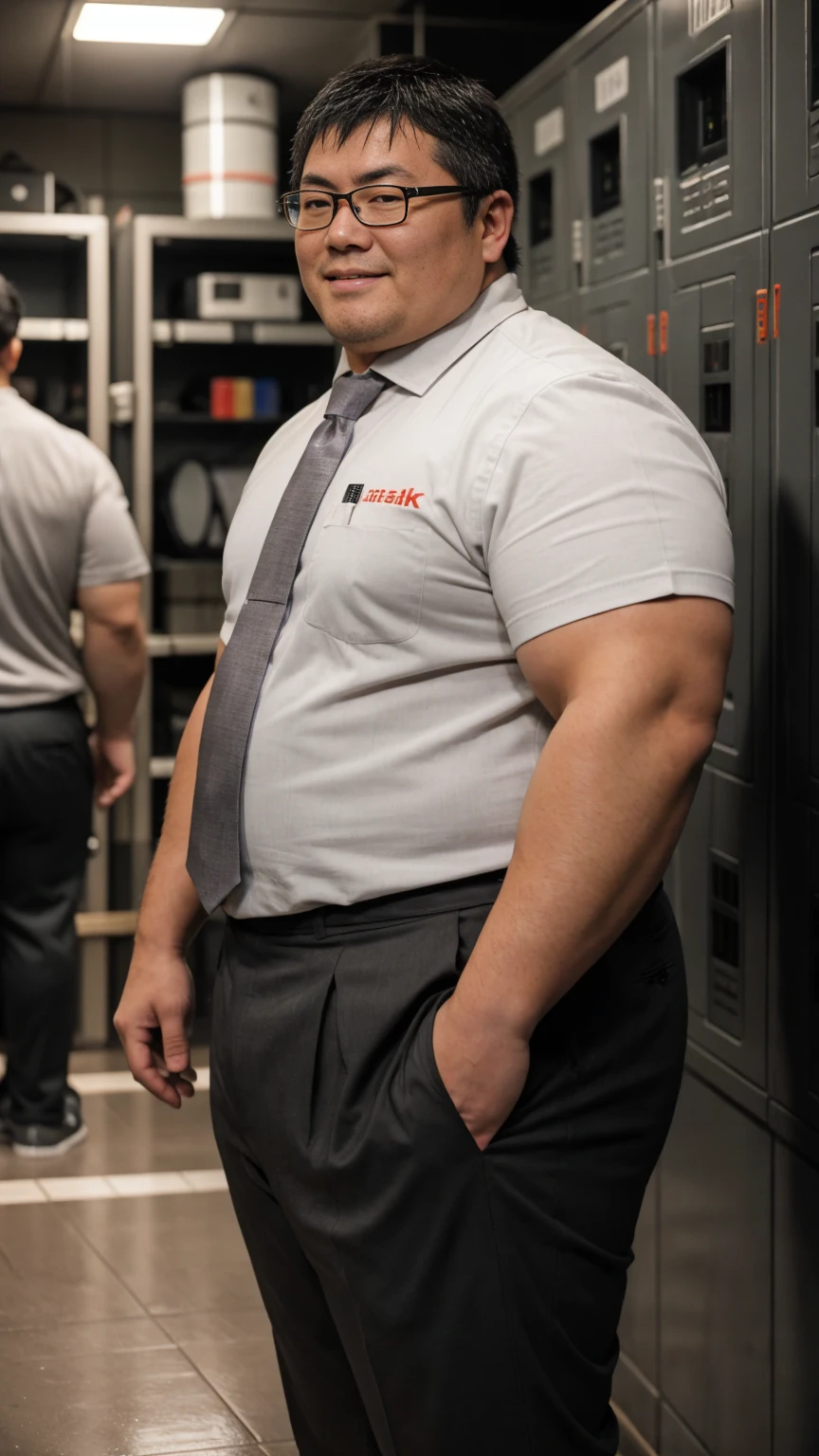 A Japanese man in a business grey suit is standing next to guy, A little chubby Japanese young guy is standing next to the male:2, He is wearing white jockstrap, round face:2, droopy eyes, geeky messy hair, natural nerdy hair, Draw in clear detail whose hand it is, Anatomically correct, Super detail, Textured skin, Masterpiece, Photo realistic, 8K, high sharpness, Shot with a medium telephoto lens, thick thighs, In the damp underground dark locker room at night, bulgeJ8, 