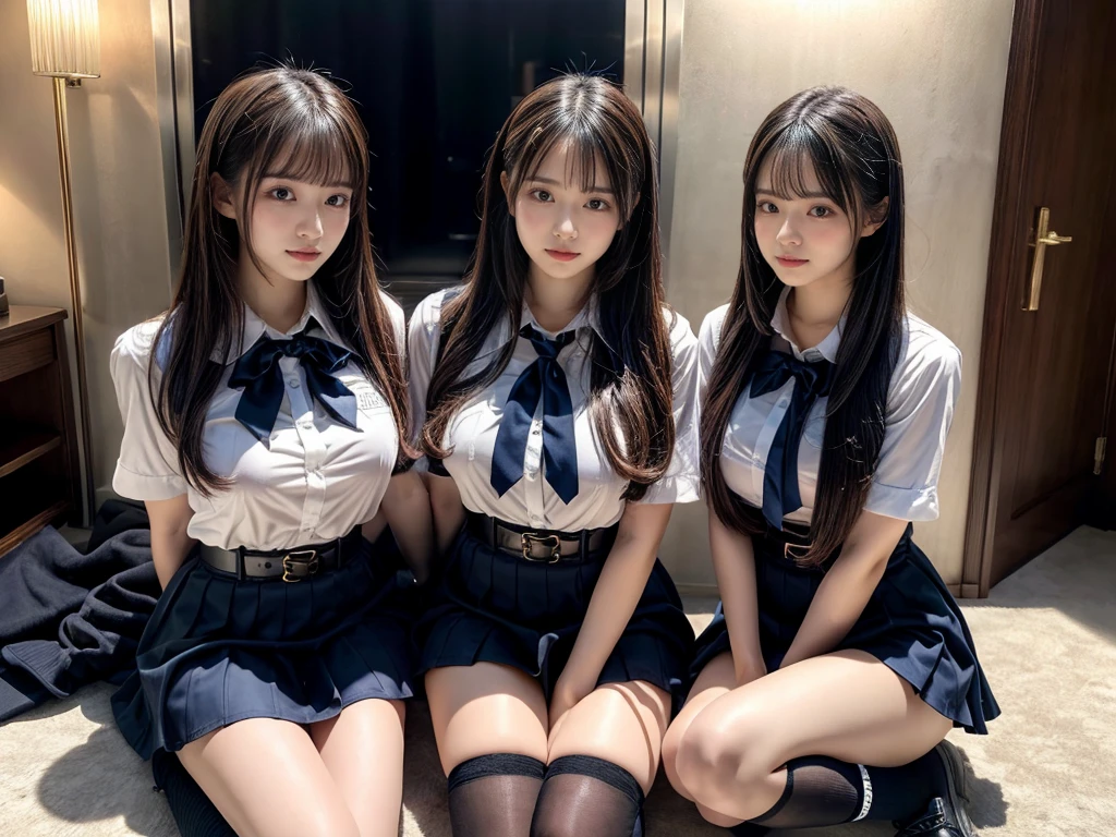 (8K, Raw photography, top-quality, masterpiece:1.2), master piece, best quality, illustration, Super detailed, fine details, High resolution, 8K,wall paper, perfect dynamic composition,(Details High quality, realistic depiction of eyes:1.3), ((2 girls, 2 schoolgirls)), The background is a luxury hotel room、High school girl uniform、blazer 、Super Short Check Uniform Skirt、Navy blue high socks、garterbelts、Colossal tits、Disturbed uniform, Play with each other,Touching each other's bodies,Touching the body of the girl next door, short bob hair, black hair color, huge breasts, Big Natural Color Lip, bold sexy pose, (perfect body shape), crying a little、cold gaze, Beautiful makeup,glitter makeup,Cutest 18 years old, beautiful legs, hposing Gravure Idol, Voluptuous thighs