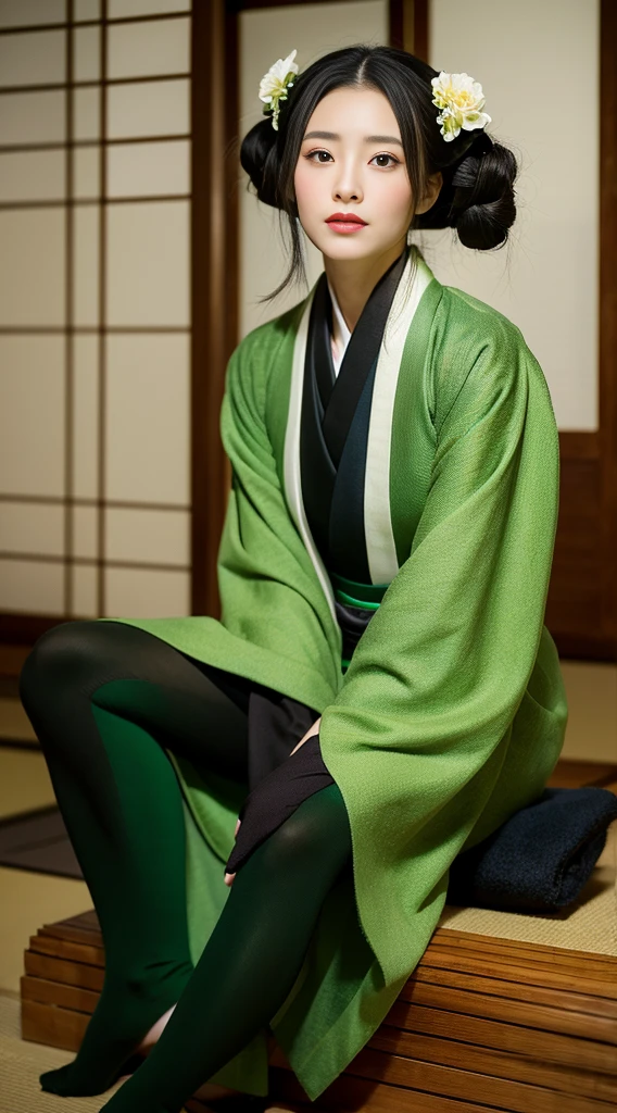 Careful depiction of faces,One Lady,(camellia kimono),(long flowing black and green hair),Simple and elegant kimono,collar,(Black socks,geta), Perfect face, Perfect hands, Perfect Fingers, Perfect Lips, Perfect Eyes,Extremely normal body,Ancient Japan town background,The perfect background