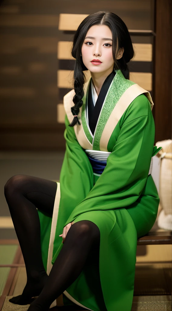 Careful depiction of faces，One Lady，(camellia kimono)，(long flowing black and green hair)，Simple and elegant kimono，collar，(Black socks，geta)， Perfect face， Perfect hands， Perfect Fingers， Perfect Lips， Perfect Eyes，Extremely normal body，Ancient Japan town background，The perfect background