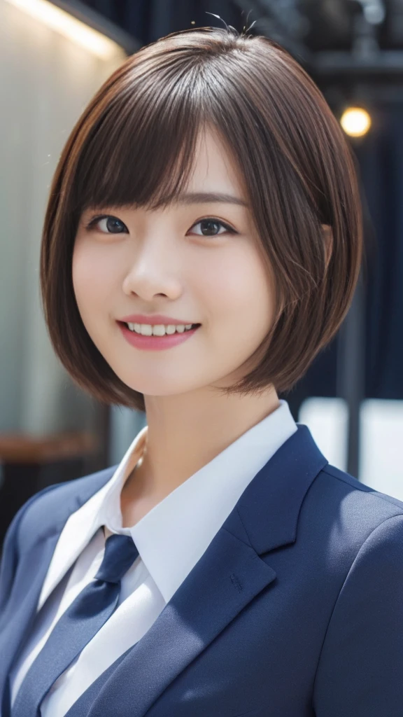 1girl, closeup portrait, young Japanese woman, navy blue business suit, slim fit, incredibly cute, very short hair, big smile, beautiful detailed eyes, beautiful detailed lips, extremely detailed face, long eyelashes, innocent, artless, natural makeup, (best quality, 4k, 8k, highres, masterpiece:1.2), ultra-detailed, (realistic, photorealistic, photo-realistic:1.37), professional, vivid colors, studio lighting