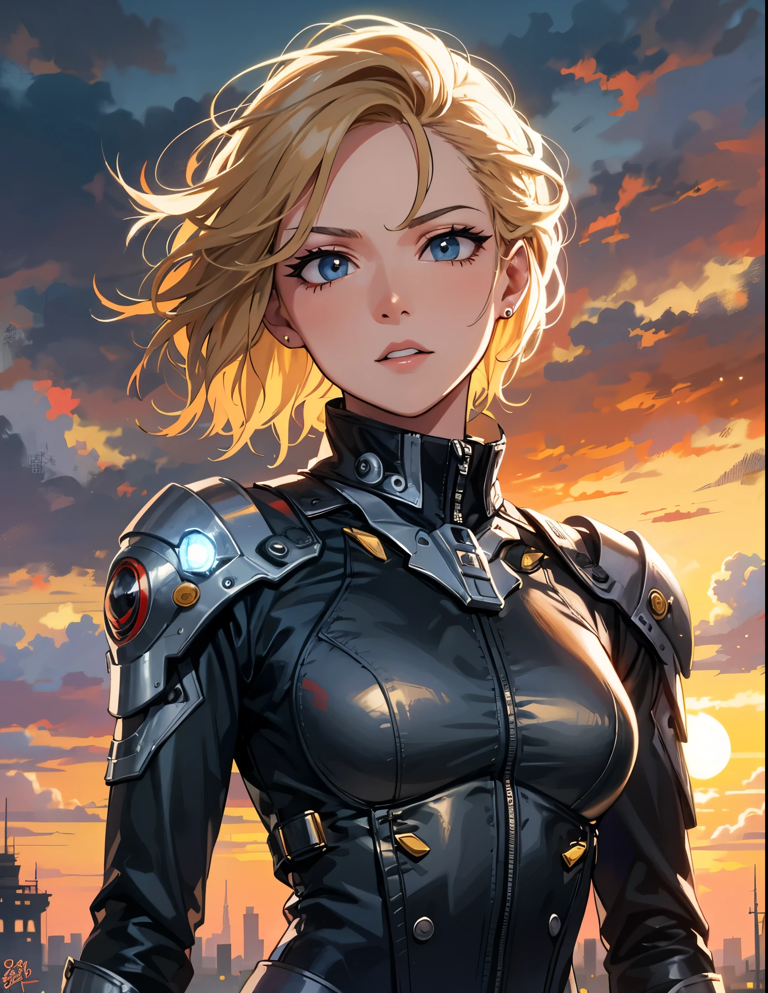 HD, (The finest details), (best quality), 2D, Cartoon,cartoon,Amazing Atomic Punk, Hook of Holland, The sun is rising outside,The sky is clouded over, An expression full of danger and temptation, High neckline, by Cynthia Sheppard (Cynthia Sheppard) style of, 新川耀司style of, . The award-winning, professional, Very detailed,