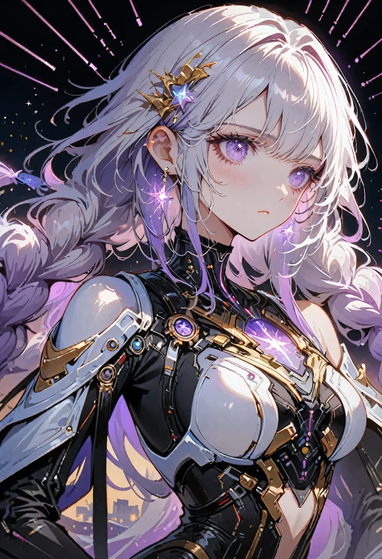 Complex 3D RendeRing ,Beautiful poRcelain contouRed mechanical female,yinji , purple hair,purple eyes,very long hair,grey hair,double braid,gradient hair, cyboRg, integRated ciRcuit paRts, Rim light, VibRant details, LuxuRy CybeRpunk, Lace, hypeRPractical, Anatomy, cable wiRes, micRochip, elegant, beautiful StaRRy Sky backgRound, octane RendeRing, H. R. FixtuRe style, 8K, best quality, masteRpiece, illustRation, extRemely delicate and beautiful, VeRy detailed ,CG ,Unite ,wallpapeR, (Practical, photo-Practical:1.37),Astonishing, Fine details, SilveR ead
