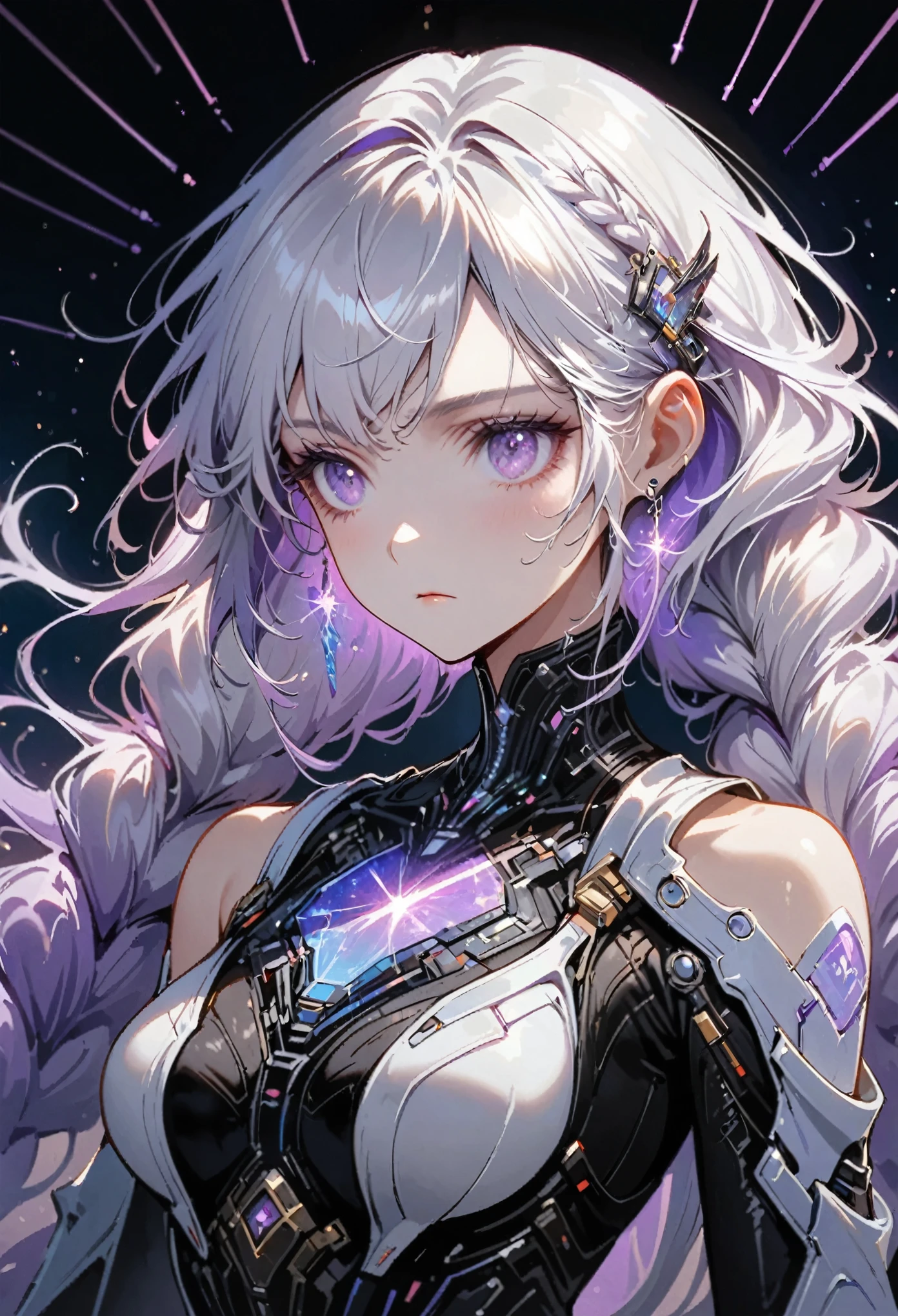 Complex 3D RendeRing ,Beautiful poRcelain contouRed mechanical female,yinji , purple hair,purple eyes,very long hair,grey hair,double braid,gradient hair, Upper body portrait，cyboRg, integRated ciRcuit paRts, Rim light, VibRant details, LuxuRy CybeRpunk, Lace, hypeRPractical, ???????, cable wiRes, micRochip, elegant, beautiful StaRRy Sky backgRound, octane RendeRing, H. R. FixtuRe style, 8K, best quality, masteRpiece, illustRation, extRemely delicate and beautiful, VeRy detailed ,CG ,Unite ,wallpapeR, (Practical, photo-Practical:1.37),Astonishing, Fine details, SilveR ead