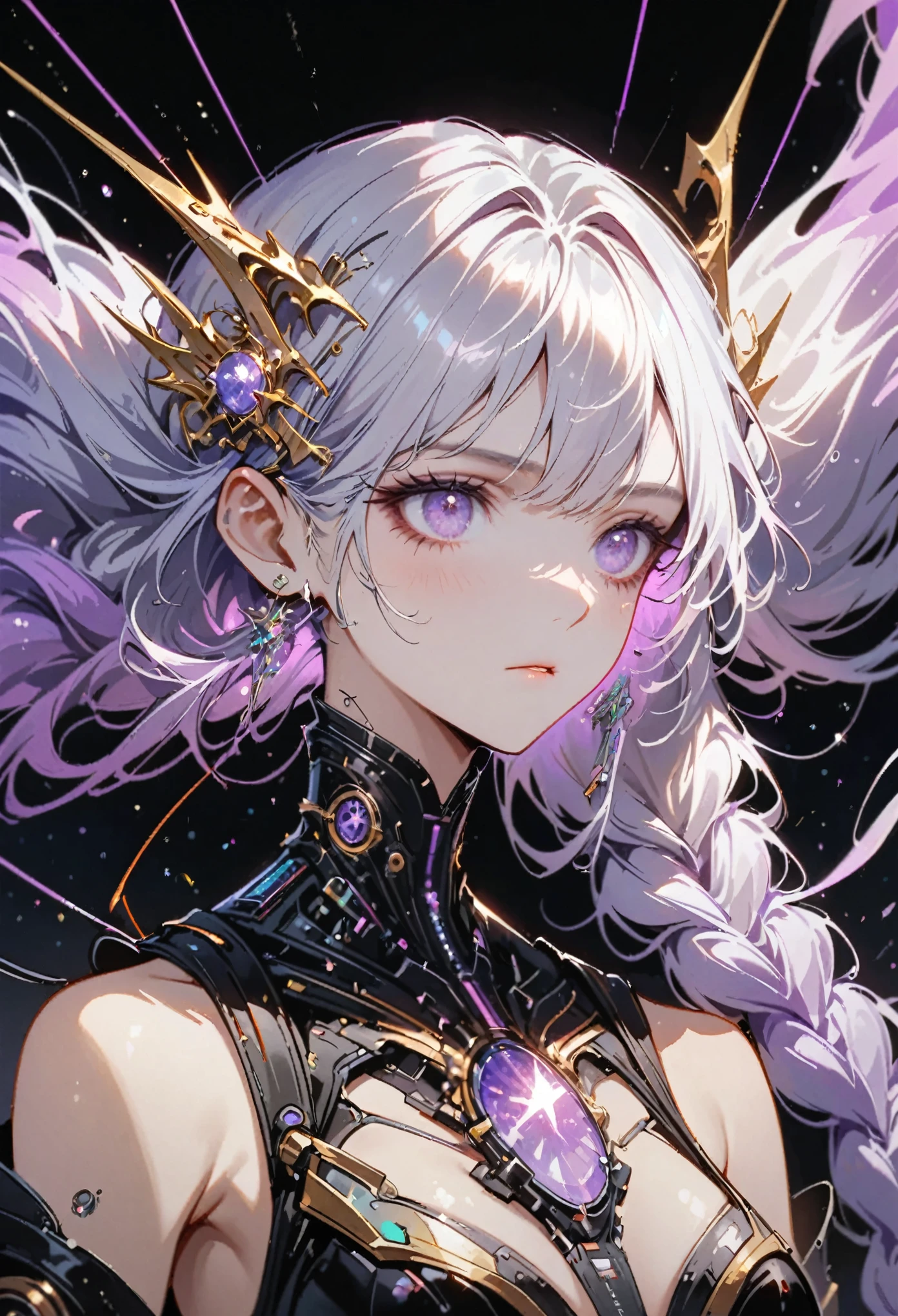 Complex 3D RendeRing ,Beautiful poRcelain contouRed mechanical female,yinji , purple hair,purple eyes,very long hair,grey hair,double braid,gradient hair, Upper body portrait,cyboRg, integRated ciRcuit paRts, Rim light, VibRant details, LuxuRy CybeRpunk, Lace, hypeRPractical, Anatomy, cable wiRes, micRochip, elegant, beautiful StaRRy Sky backgRound, octane RendeRing, H. R. FixtuRe style, 8K, best quality, masteRpiece, illustRation, extRemely delicate and beautiful, VeRy detailed ,CG ,Unite ,wallpapeR, (Practical, photo-Practical:1.37),Astonishing, Fine details, SilveR ead