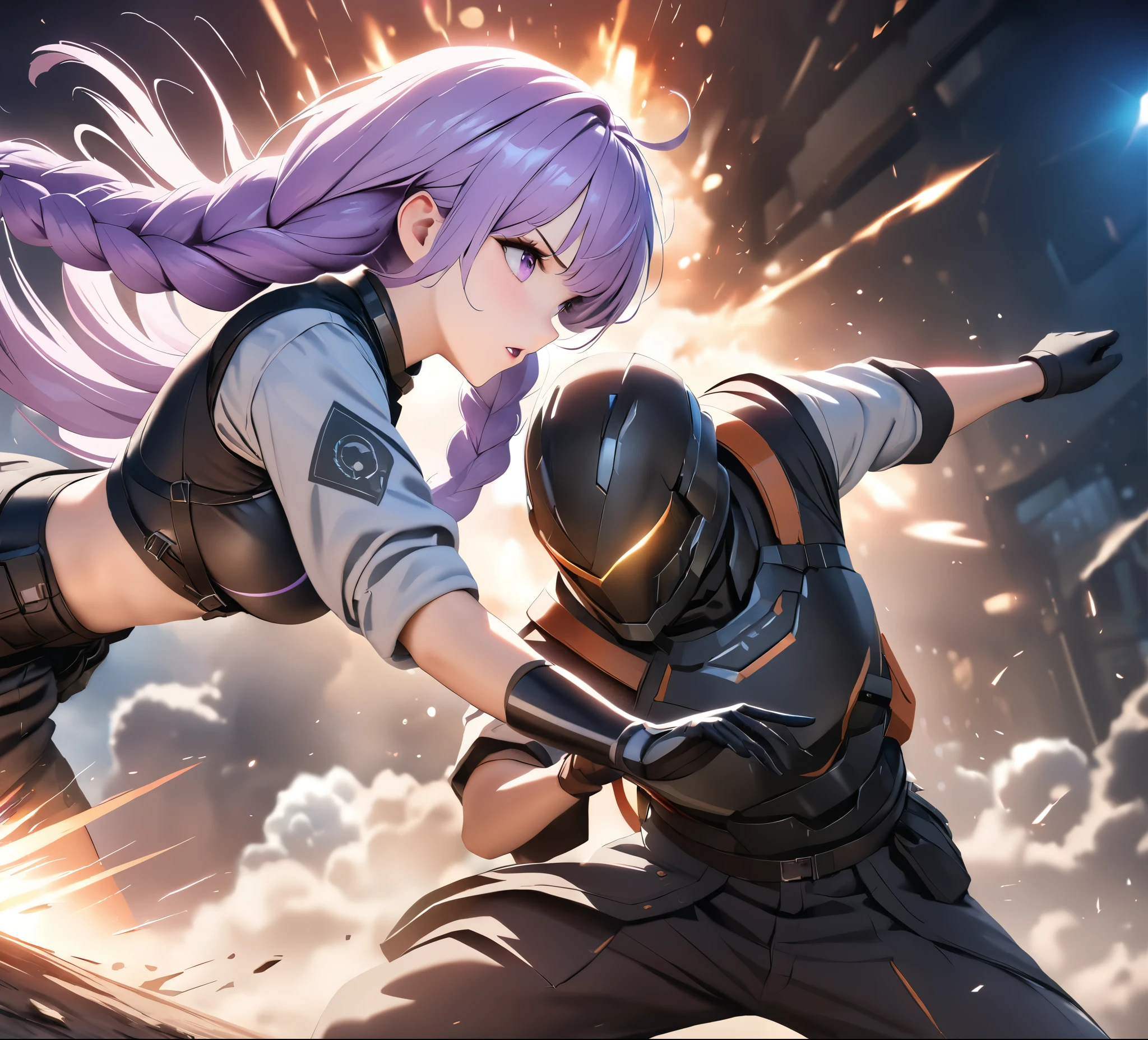 1 boy,a girl with purple and white gradient double braids,Intense showdown, eye contact, tense atmosphere, battle outfits, fierce combat, both enemies and friends, dynamic action capture, interplay of light and shadow, best quality, 4k, 8k, highres, masterpiece:1.2, ultra-detailed, realistic, photorealistic:1.37, HDR, UHD, studio lighting, extreme detail description, professional, vivid colors, bokeh, portraits, action, dramatic lighting