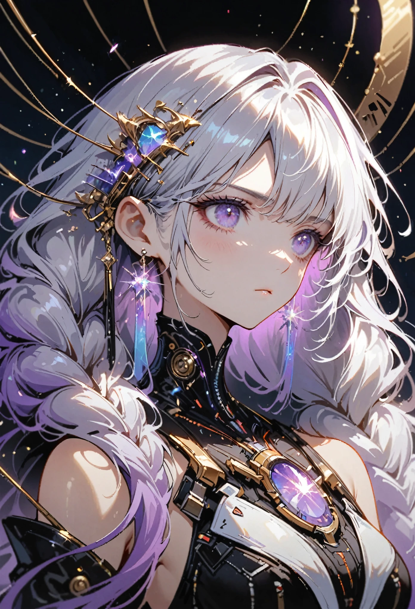 Complex 3D RendeRing ,Beautiful poRcelain contouRed mechanical female,yinji , purple hair,purple eyes,very long hair,grey hair,double braid,gradient hair, Upper body portrait,cyboRg, integRated ciRcuit paRts, Rim light, VibRant details, LuxuRy CybeRpunk, Lace, hypeRPractical, Anatomy, cable wiRes, micRochip, elegant, beautiful StaRRy Sky backgRound, octane RendeRing, H. R. FixtuRe style, 8K, best quality, masteRpiece, illustRation, extRemely delicate and beautiful, VeRy detailed ,CG ,Unite ,wallpapeR, (Practical, photo-Practical:1.37),Astonishing, Fine details, SilveR ead