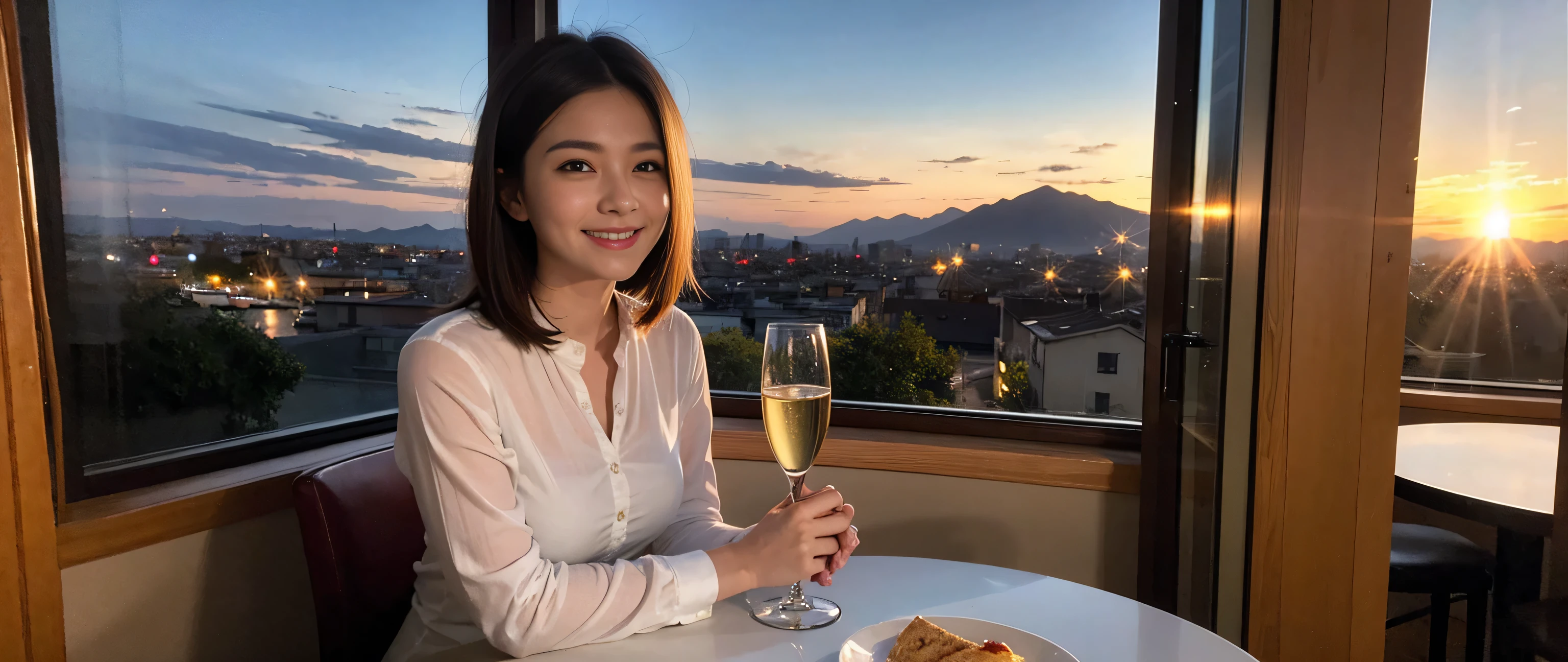 ((highest quality、8k、masterpiece:1.3))、Sharp focus:1.2、Beautiful woman perfect body:1.4、Slim body、((Bob Hale、Straight hair:1.2))、(to be born, highest quality, masterpiece:1.5), (Realistic, Intricate details:1.2), Ultra-high resolution, Shine light on your face、Amazing view of the sunset sky and clouds、Amazing mountain views、A bright smile、wine glass、red wine 、Appetizers、Italian food、Wine bottle、Champagne、sparkling wine、, Beautiful Face, blue eyes, The light shines on your face, Blushing, short hair,Bright Face、Fox face、 (36 years old), 39 years old, Lady、Two beauties、Brown Hair、Shortcuts、Long sleeve shirt、dress、Pretty Woman 1, (Slim face), (The body is slim), (Brown Hair), (Shortcuts), cheeks turn a little red,Attractive beauty、, Out of the window, A beautiful and detailed night view unfolds.........., restaurant, In a prominent place (From the waist up) Nova Frog Style, actress, model, Upper Body, White wine, slim, wine glass, Wine glass placed in the center, smile, (smile: 1.15), Beautiful fine grain, Depth f/2,saturation, High Contrast, Strong light and shadow,Moist Body:1.5、3D texture、Delicate eyes、Brown Hair、The hair is very shiny、