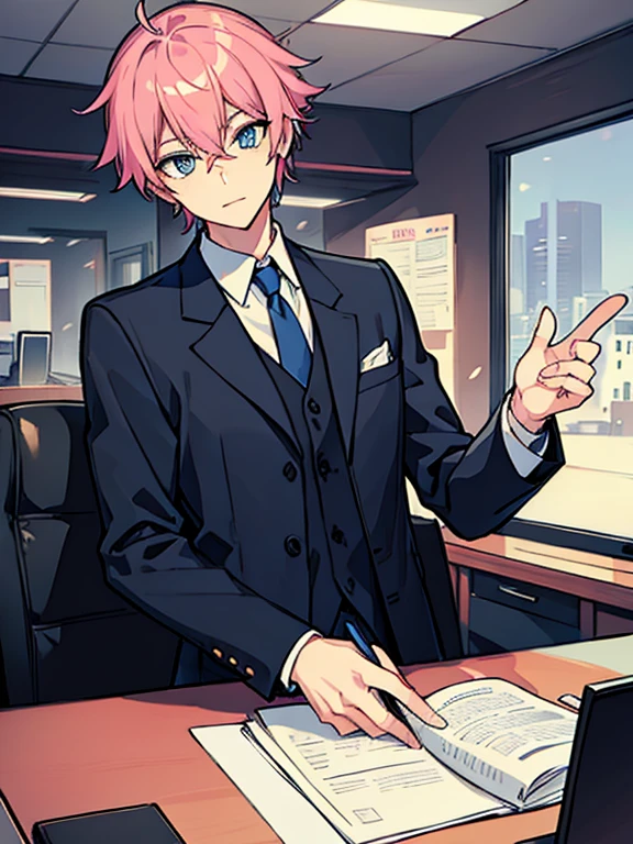 Man with pink hair, Black executive suit, Handsome, Gentle eyes, blue eyes, working in office.