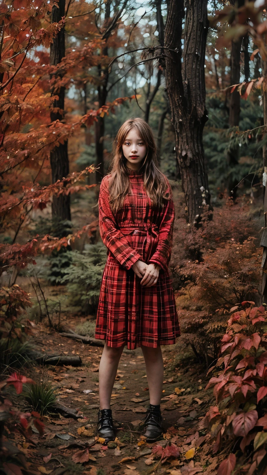 a creepy girl made of dead red plants, in a autumn forest at sundown, high saturation,