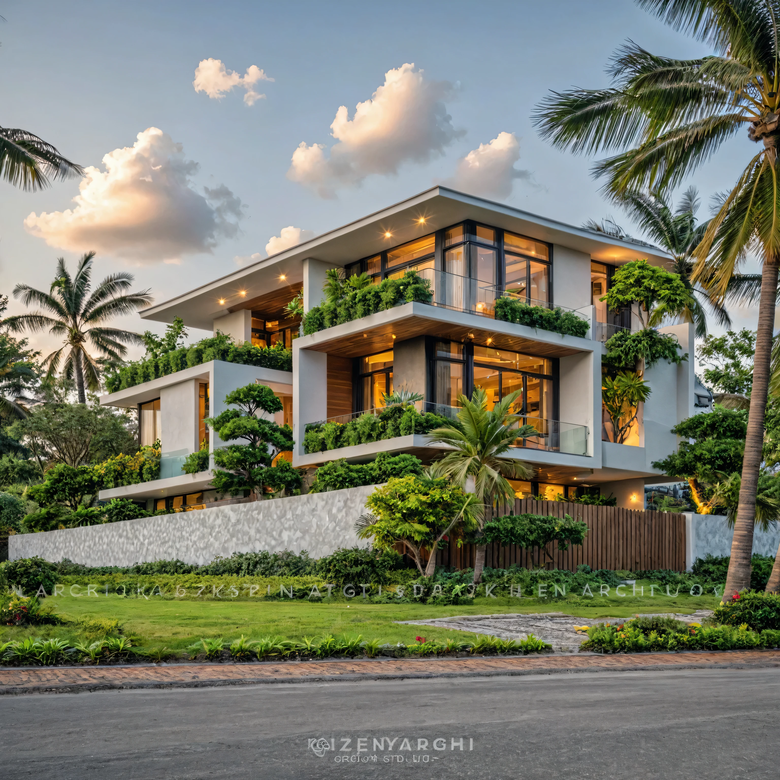 Masterpiece, high quality, best quality, authentic, super detail, outdoors, onestoreyvillaXL, aiaigroup, house style modern on the street ,stairs, white wall ,road,pavement, grass, trees, sky, cloud, (daylight:1.1)