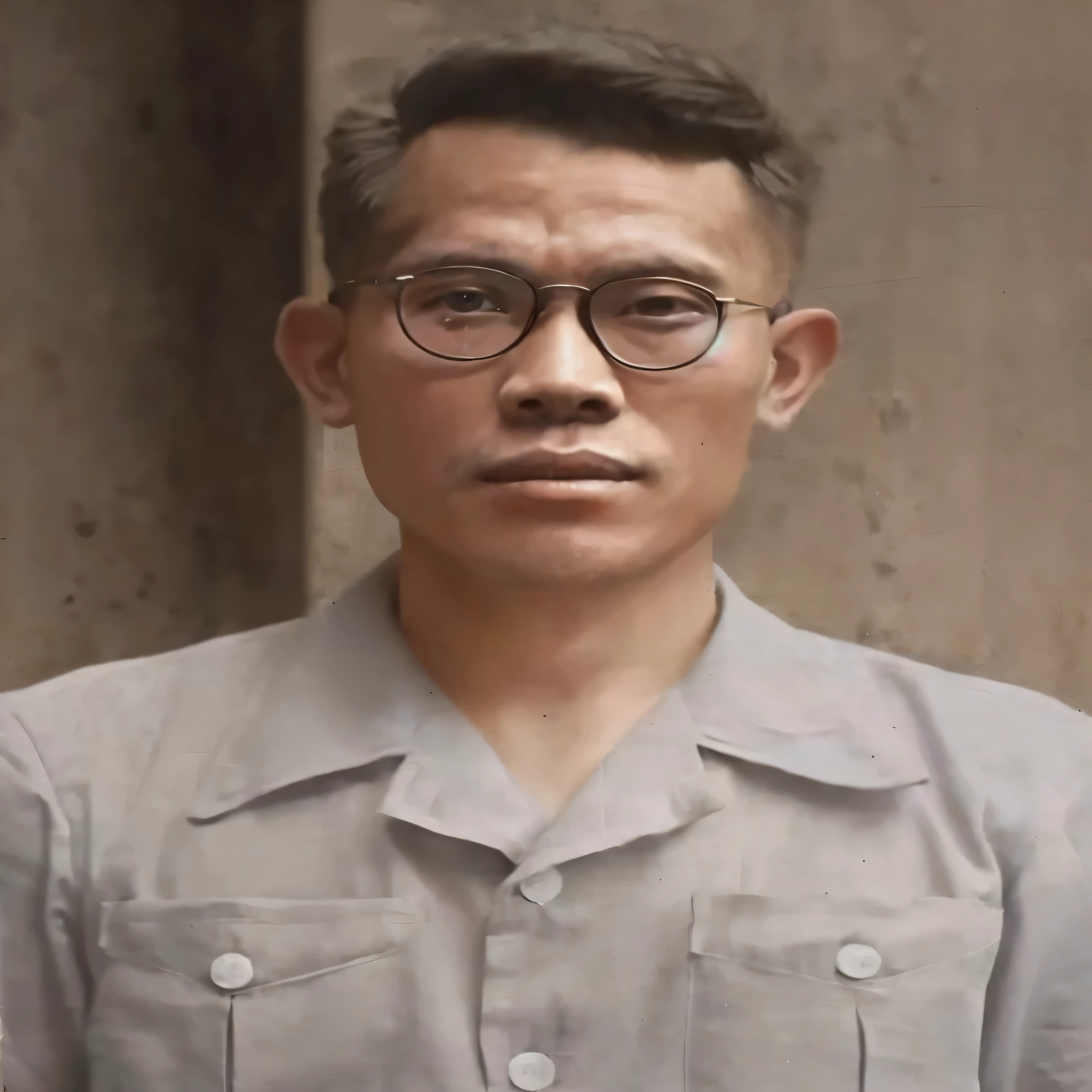 arafed man in glasses and a shirt standing in front of a wall, inspired by Oka Yasutomo, inspired by Li Tiefu, inspired by Ding Yunpeng, japan soldier in world war 2, inspired by Chen Daofu, highly detailed vfx portrait, a colorized photo, colorized photo, inspired by Yasutomo Oka, vietnam war soldier