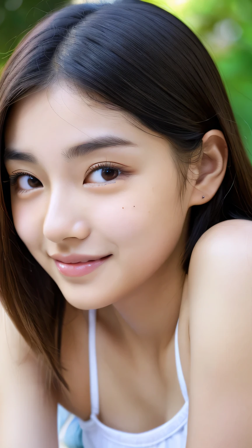 masterpiece High resolution Female student Delicate face Thick eyebrows Deep-set eyelids very cute natural atmosphere boyish 16 years old Shortcuts Dimples Mole Tanuki face Tube top Open your mouth wide Making fun of them