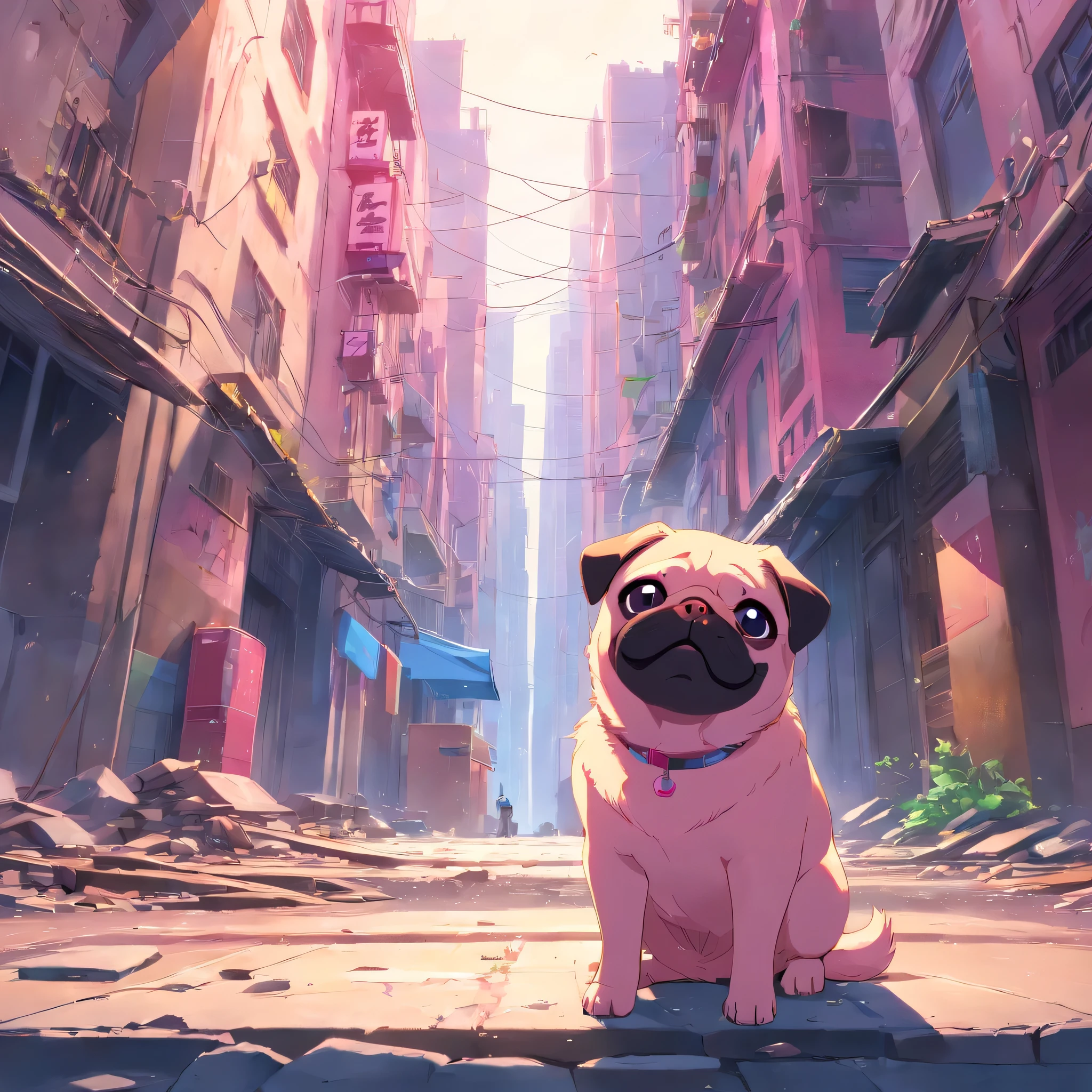 masterpiece, 最high quality, high quality, Very detailed、unity 8k wallpaper、Pink fur pug puppy、Tears、Inside the ruined city