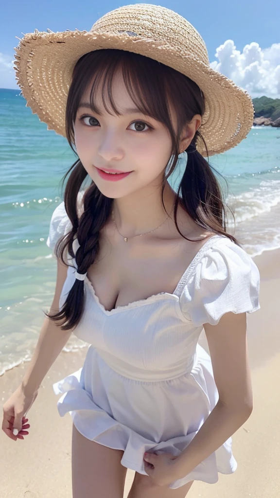 highest quality, masterpiece, , ,short, Huge breasts, Gray Hair,Low twin tails, Purple eyes, Yukinekris, Thin twin tails,, Beach, Ocean, White Dress, White Skirt, White dress, Straw hat,  (((shy))), (Happy), Leaning forward, summer, From above, Reaching out, smile,