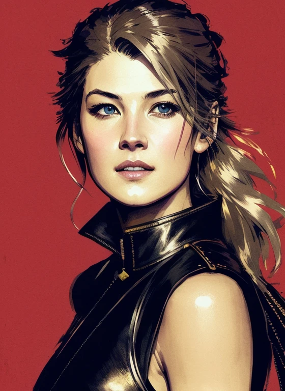illustration of sks woman as thief in leather armor, smirk, beautiful detailed eyes, cinematic, drawn by Greg Rutkowski, Yoji Shinkawa:0.6, vibrant colors,