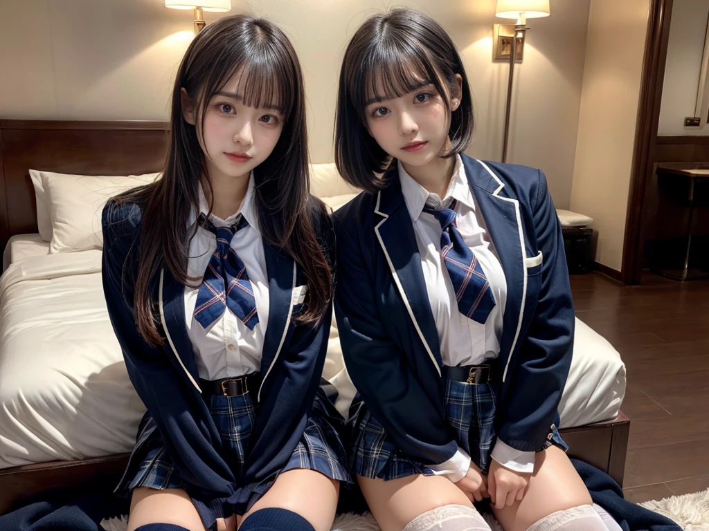 (8K, Raw photography, top-quality, masterpiece:1.2), master piece, best quality, illustration, Super detailed, fine details, High resolution, 8K,wall paper, perfect dynamic composition,(Details High quality, realistic depiction of eyes:1.3), ((2 girls, 2 schoolgirls)), The background is a luxury hotel room、High school girl uniform、blazer 、Super Short Check Uniform Skirt、Navy blue high socks、garterbelts、Colossal tits、Disturbed uniform, Play with each other,Touching each other's bodies,Touching the body of the girl next door, short bob hair, black hair color, huge breasts, Big Natural Color Lip, bold sexy pose, (perfect body shape), crying a little、cold gaze, Beautiful makeup,glitter makeup,Cutest 18 years old, beautiful legs, hposing Gravure Idol, Voluptuous thighs