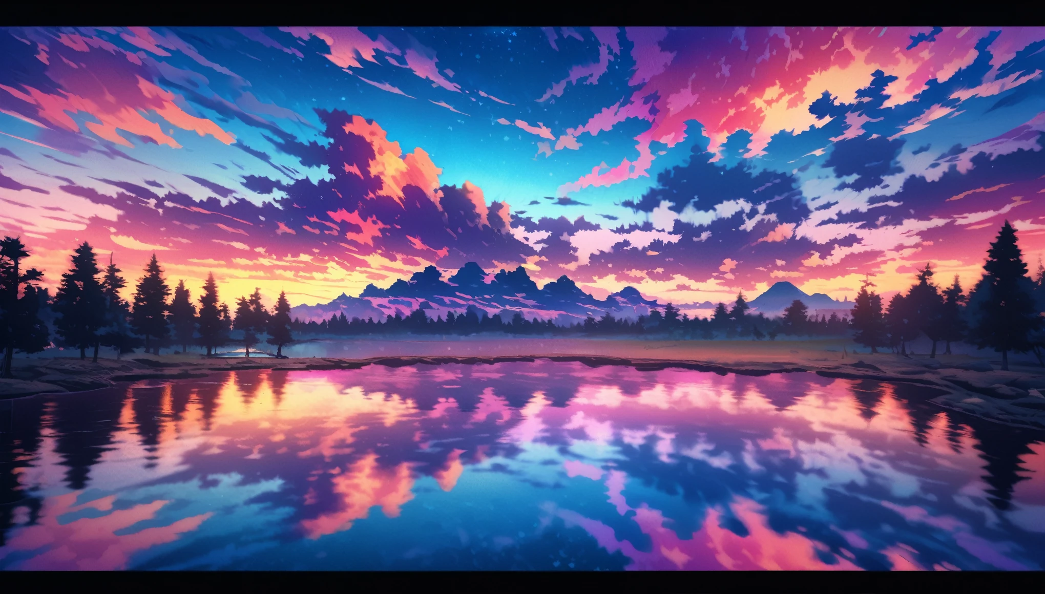 there is a beautiful sunset with a lake and trees in the background, colorful skies, surreal colors, colorful sunset, colorful sky, marvellous reflection of the sky, stunning sky, dream like atmosphere 8k, colorful clouds, colors reflecting on lake, surreal sky, red and blue reflections, fire reflection, beautiful sky, beautiful and spectacular dusk, beautiful dreamy landscape, amazing sky