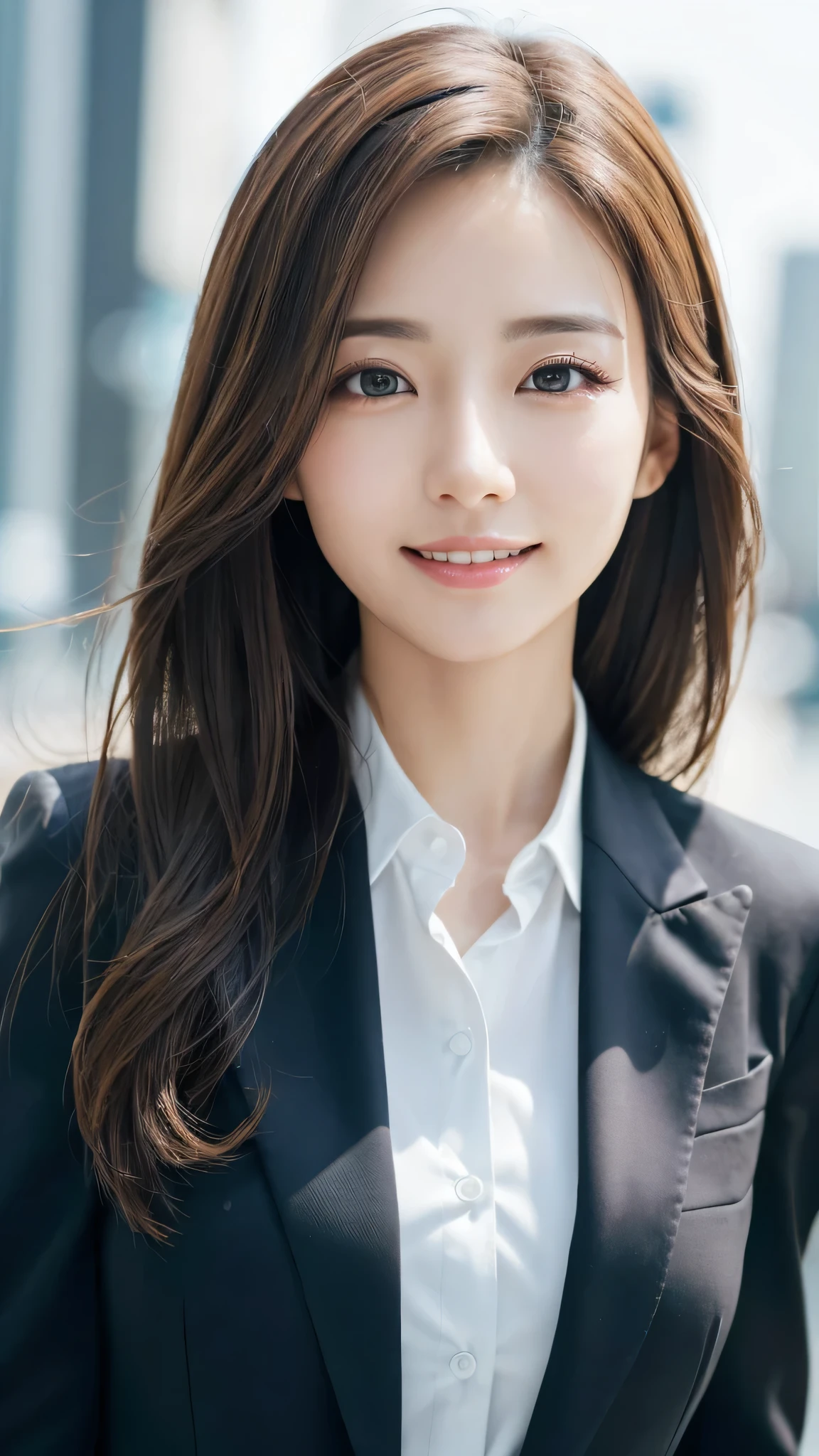 table top、highest quality、genuine、Super detailed、finely、High resolution、8k wallpaper、one beautiful woman、、、light brown disheveled hair、wearing a business suit、sharp focus、perfect dynamic composition、beautiful and detailed eyes、thin hair、Detailed genuine skin texture、smile、model body shape、In Tokyo at morning、