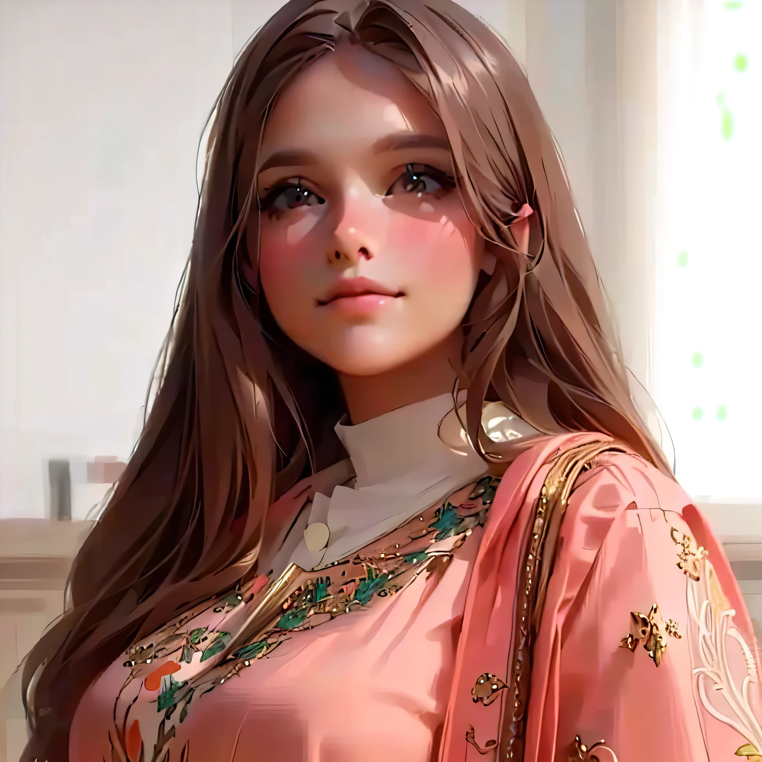 a woman in a peach colored dress with a gold and silver embroidered blouse, deviantart artstation cgscosiety, beautiful round face, realistic cute girl painting, highly detailed photorealistic, official fanart behance hd, ultra high quality model, cgsociety uhd 4k highly detailed, beautiful girl model, high quality 3d realistic, detailed realistic beautiful, highly realistic photo