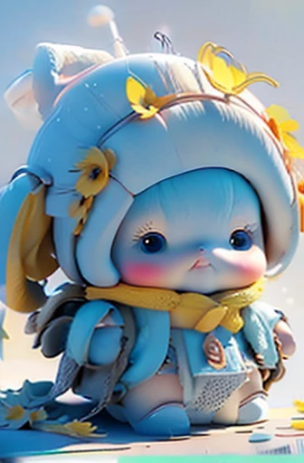 Q version snow baby doll,light blue hair,Sunflower hairpin on head,expressionless,Wearing yellow short sleeves,Holding a sunflower in the right hand,Wearing a diaper on the lower body,front Photo、Back photo、Right side view、left side view