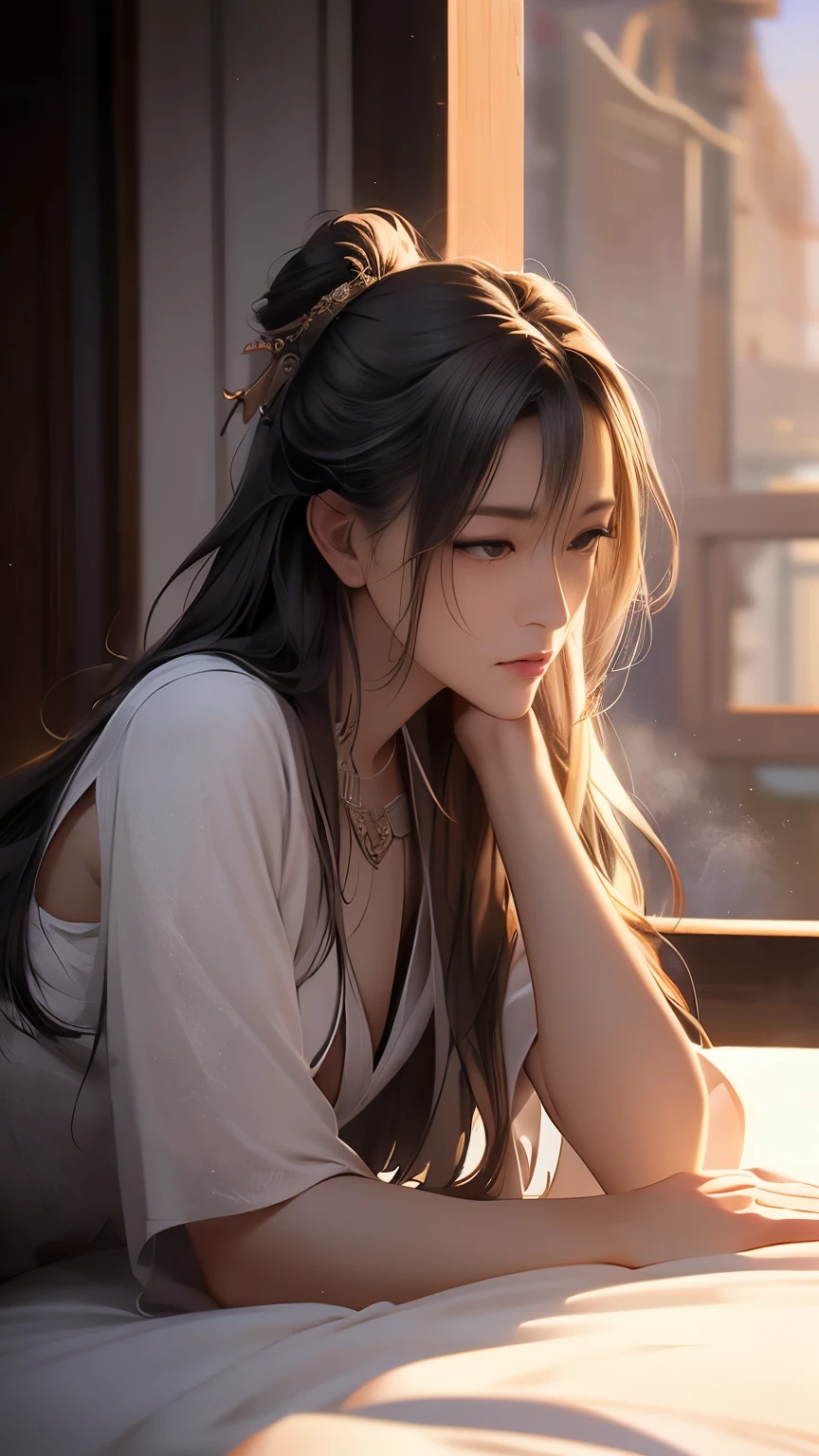 (original photo, best quality), (lifelike, Photo lifelike: 1.3), best quality, Very detailed, masterpiece, Ultra-detailed CG, complex illustration, 1 girl, dramaticangle, Grand Theater of World masterpieces, Messy long hair, best quality, Very detailed CG Unified 8K Wallpaper, ink, amazing, light, lens flare, Full body portrait: 1.2, Dunhuang-style, A strong man lying on the bed, wearing armor, A shield in your hand, Taking，High angle shot