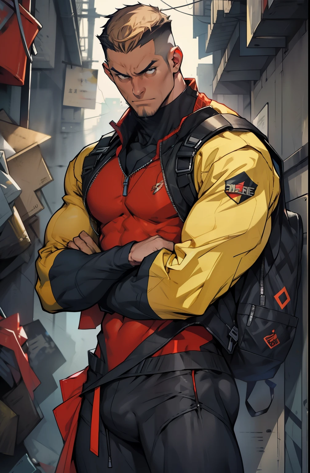 Soper Man suit, body suit, 1boy, Broad shoulders, Tight muscles, handsome, Try to cover your crotch with your hand.,