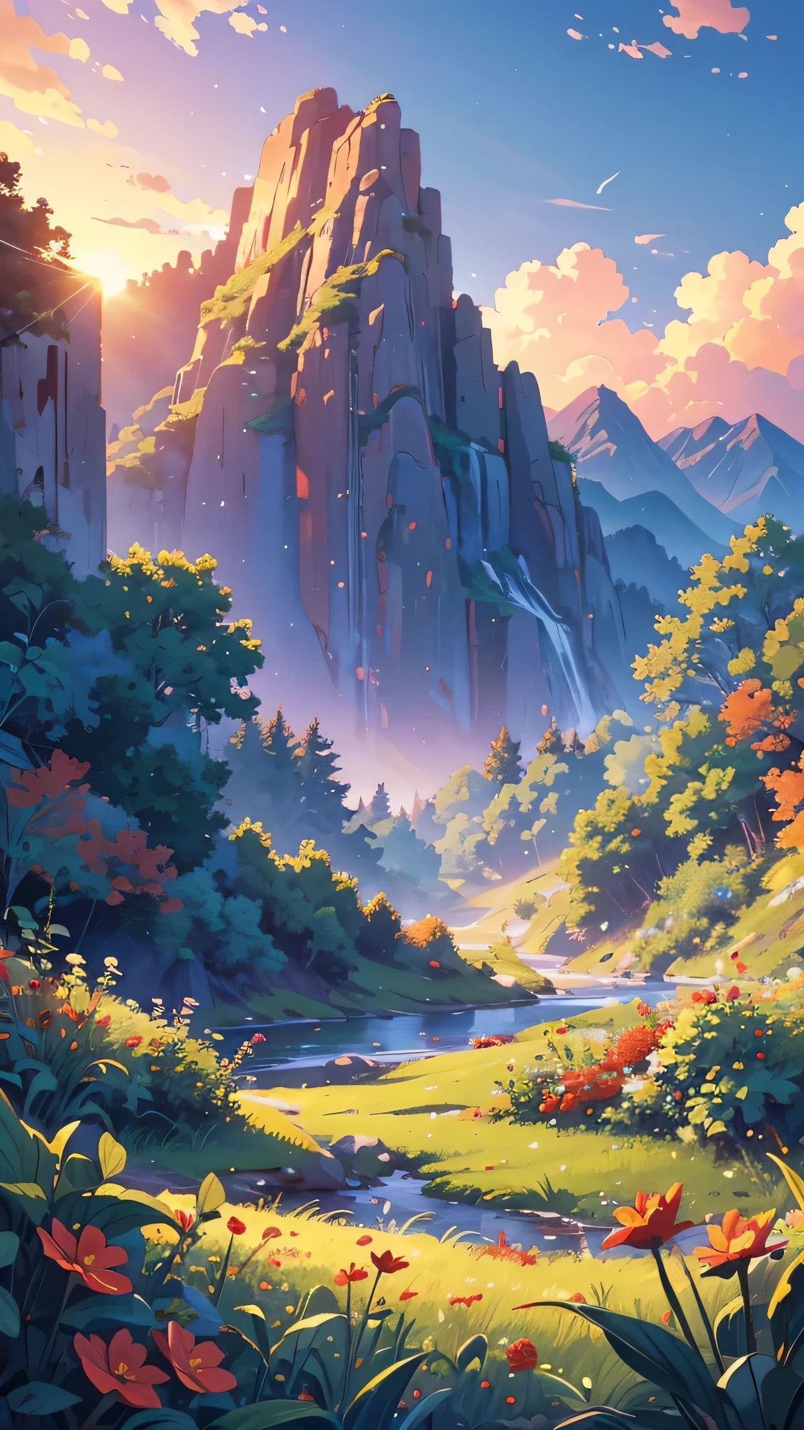 (illustrations : 1.0), Epic composition, photorealistic lighting, HD detail, ​masterpiece, Best quality at best, (Highly detailed CG integrated 8k wallpaper) , small Red flowers field  seen from within the jungle, sunset , river , blue sky , white clouds ,no humans , Ice mountains 