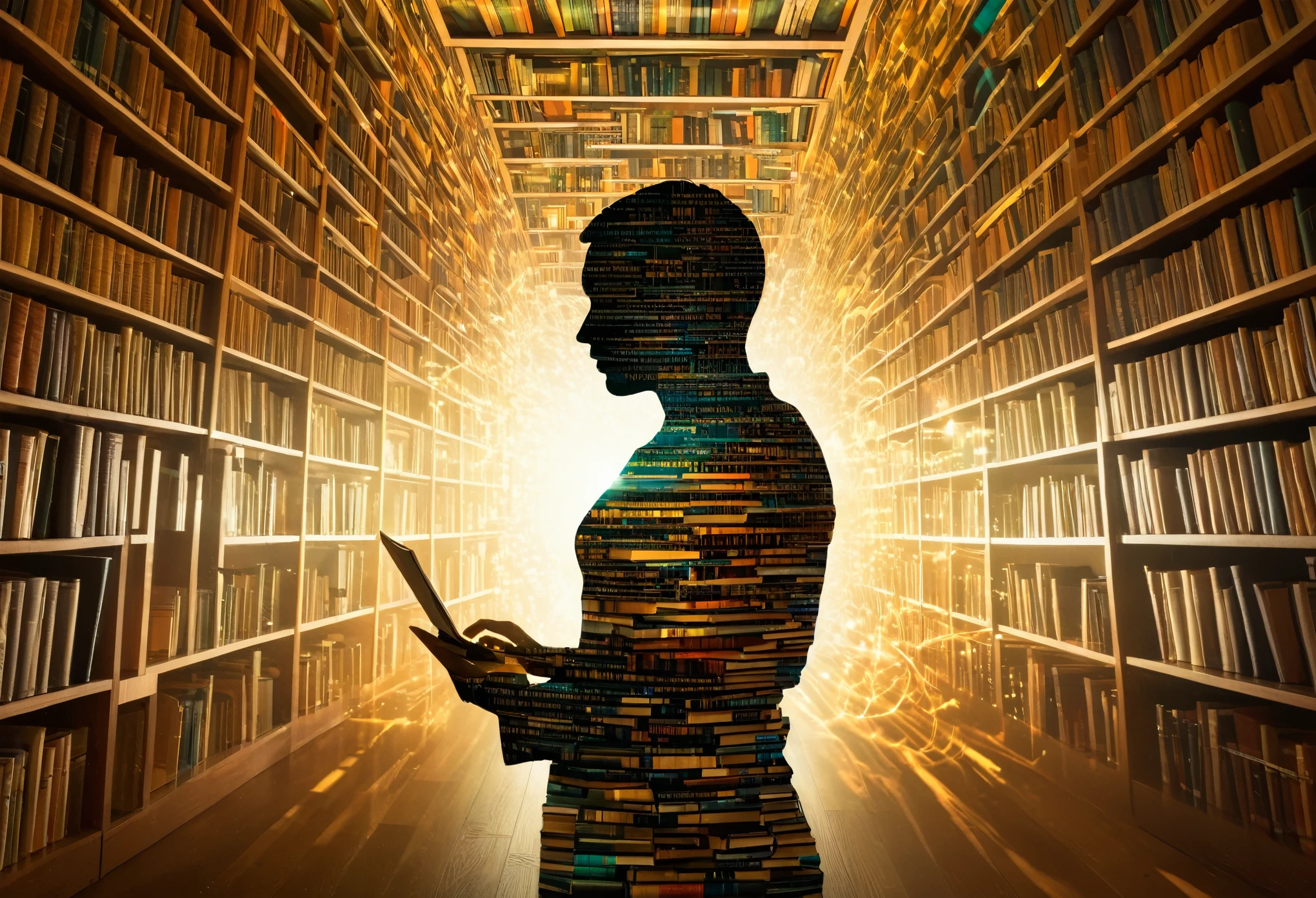 A surreal visual of a person's silhouette filled with swirling digital text and coding elements, standing in a library full of books, symbolizing the knowledge transition from books to digital AI. Created Using: double exposure, surrealistic style, contrasting lighting, vibrant colors, natural look，Double Exposure