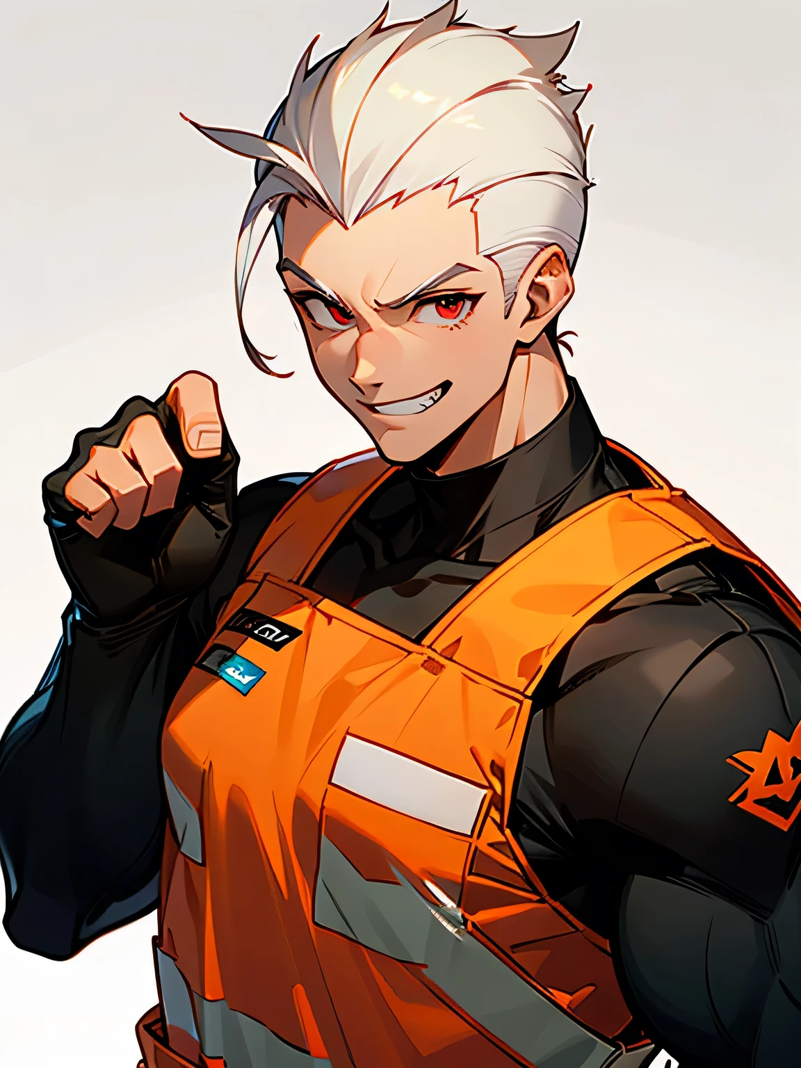 solo, upperbody, male, (all shaved hair), big forehead,thin eyes, muscular body, male eyes, male nose, male mouth, construction worker clothes, grin,fighting stance, simple white background,