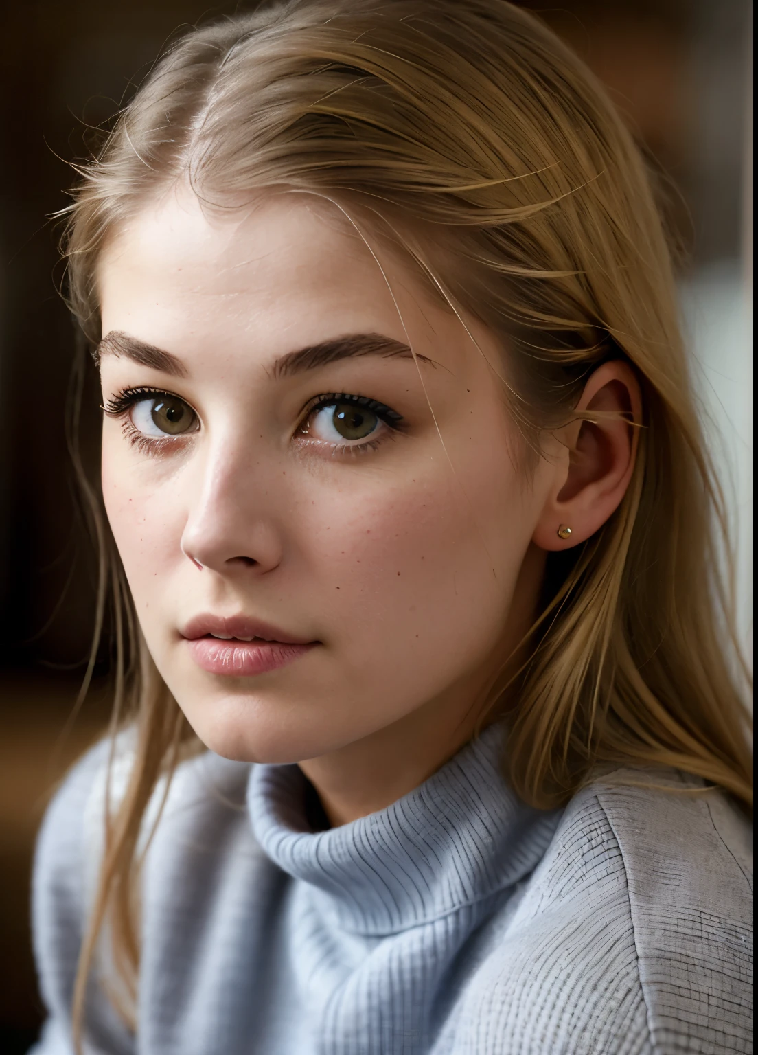 A stunning intricate color close up portrait of (sks woman:1) , wearing Skirt and a sweater, epic character composition, sharp focus, natural lighting, subsurface scattering, f2, 35mm, film grain, , by Annie Leibovitz,