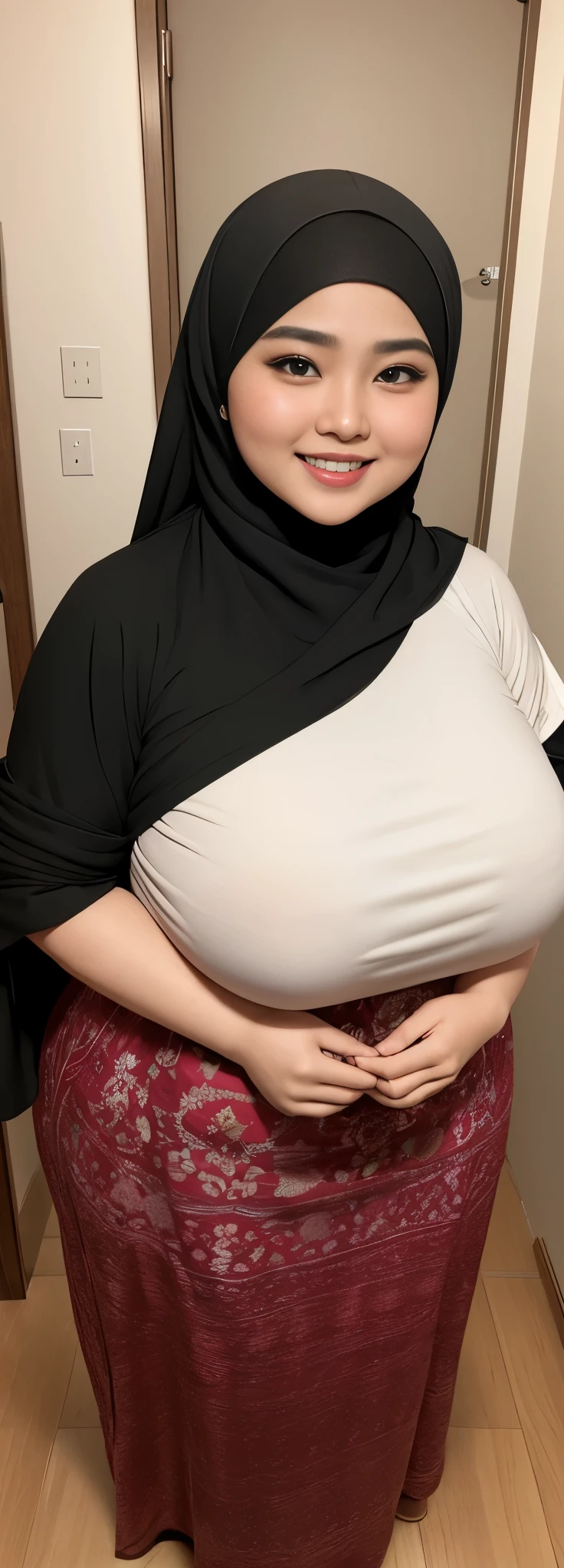 (iu:0.8), RAW, Best quality, high resolution, Masterpiece: 1.3, Beautiful hijabi bbw chubby malay women ,big eyes, perfect nose, perfect bbw body, , big breast, Masterpiece, smile teeth. Full body