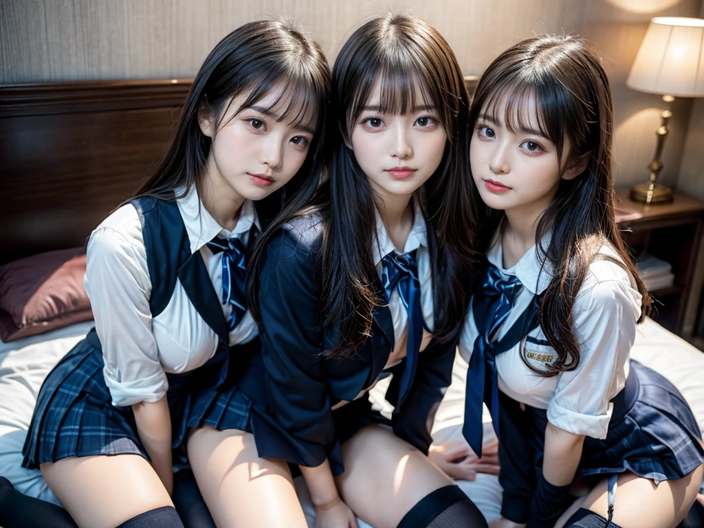 (8K, Raw photography, top-quality, masterpiece:1.2), master piece, best quality, illustration, Super detailed, fine details, High resolution, 8K,wall paper, perfect dynamic composition,(Details High quality, realistic depiction of eyes:1.3), ((2 girls, 2 schoolgirls)), The background is a luxury hotel room、High school girl uniform、blazer 、Super Short Check Uniform Skirt、Navy blue high socks、garterbelts、Colossal tits、Disturbed uniform, Play with each other,Touching each other's bodies,Touching the body of the girl next door, short bob hair, black hair color, huge breasts, Big Natural Color Lip, bold sexy pose, (perfect body shape), crying a little、cold gaze, Beautiful makeup,glitter makeup,Cutest 18 years old, beautiful legs, hposing Gravure Idol, Voluptuous thighs