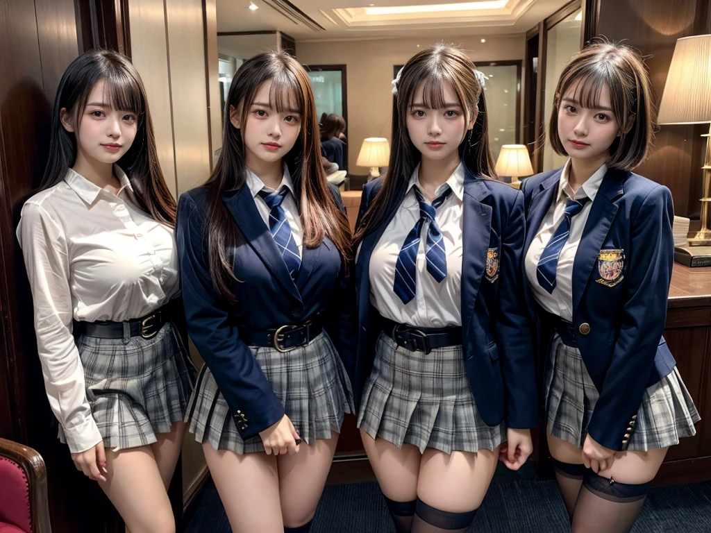 (8K, Raw photography, top-quality, masterpiece:1.2), master piece, best quality, illustration, Super detailed, fine details, High resolution, 8K,wall paper, perfect dynamic composition,(Details High quality, realistic depiction of eyes:1.3), ((2 girls, 2 schoolgirls)), The background is a luxury hotel room、High school girl uniform、blazer 、Super Short Check Uniform Skirt、Navy blue high socks、garterbelts、Colossal tits、Disturbed uniform, Play with each other,Touching each other's bodies,Touching the body of the girl next door, short bob hair, black hair color, huge breasts, Big Natural Color Lip, bold sexy pose, (perfect body shape), crying a little、cold gaze, Beautiful makeup,glitter makeup,Cutest 18 years old, beautiful legs, hposing Gravure Idol, Voluptuous thighs