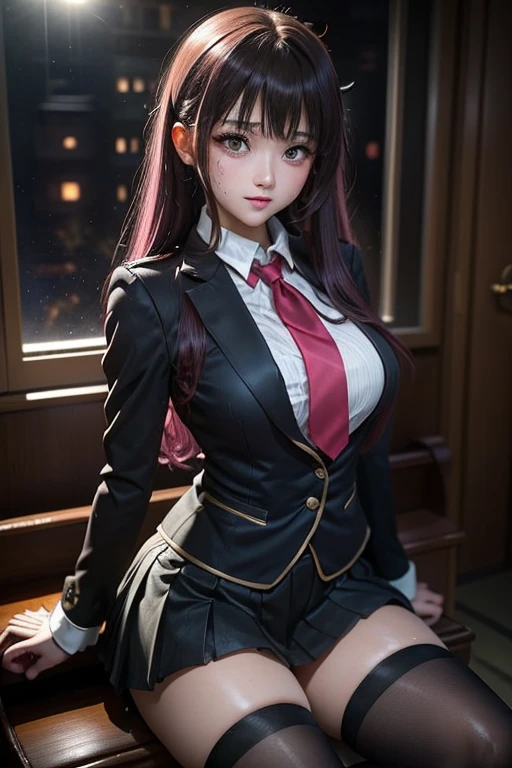 High school girl blazer、 uniform、Red checked skirt、JK Style、Jacket、smile、Knee-high socks、Thigh-high socks、pantyhose、A superb beauty、Super cute、ennui、Rare beauty、Twin tail hair、Black Dark Eyeshadow、Sad、Good skin glow、Long hair straightener、Dark Gothic Makeup、Dark Smile、Fragrant beauty、Stained glass background、Mastepiece、Best Quality、Refers to 5 books、Sweat glistening on my chest、Sweat glistening on my face、Small breast size、Dark pink hair、Age 22 years old、Slightly slim、Playing the piano、sit and play an instrument、Piano available、Mysterious look、A sad expression、Pink Hair、mysterious gothic church、enchanting castle、Sweating profusely all over the body、A lot of sweat and light on the thighs、Shiny thighs、Plenty of sweat glistening on the thighs、A large amount of sweat glistens on my thighs、Sweating profusely、Gal、Small breasts、japanese face、Alluring expression、Thighs are a little slender、Skirt length above the knee、