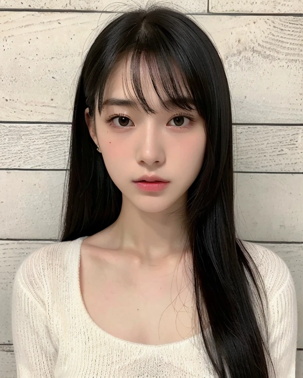 (Highly realistic photos, concentrate、High resolution, Detailed face, Detailed Hair,fine grain), ((Shooting in front of a wall))、Japanese women, 20-year-old, various expressions, Upper Body、alone:1, Slim figure,((Wear a revealing white knit top))、Only one person is in the photo、Natural look、(Light bangs、Long Hair、Black Hair,)