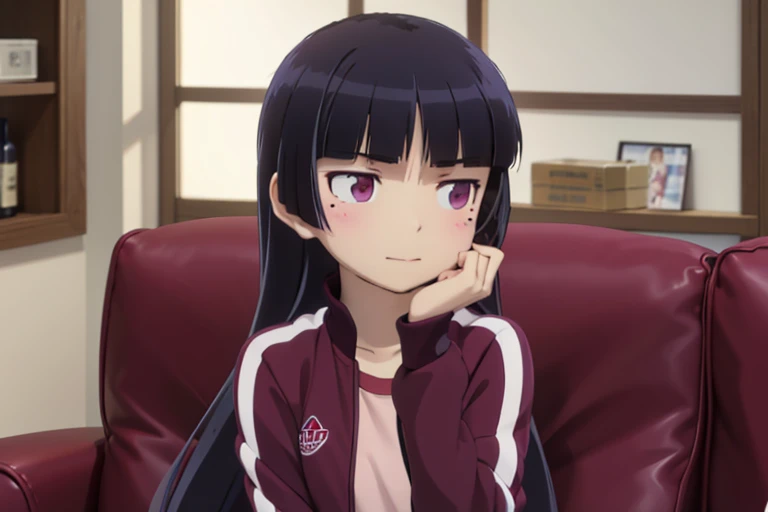(ruri gokou), long hair, blush, black hair, 1girl, pants, mole, mole under eye, wine red track jacket, track suit, wine red track pants, pink shirt, unzip jacket, relaxed, cozy, casual, comfortable, serene, lounging, peaceful, at home, casual wear, soft lighting, natural pose, gentle smile, tranquil, leisure, restful, laid-back, homey atmosphere