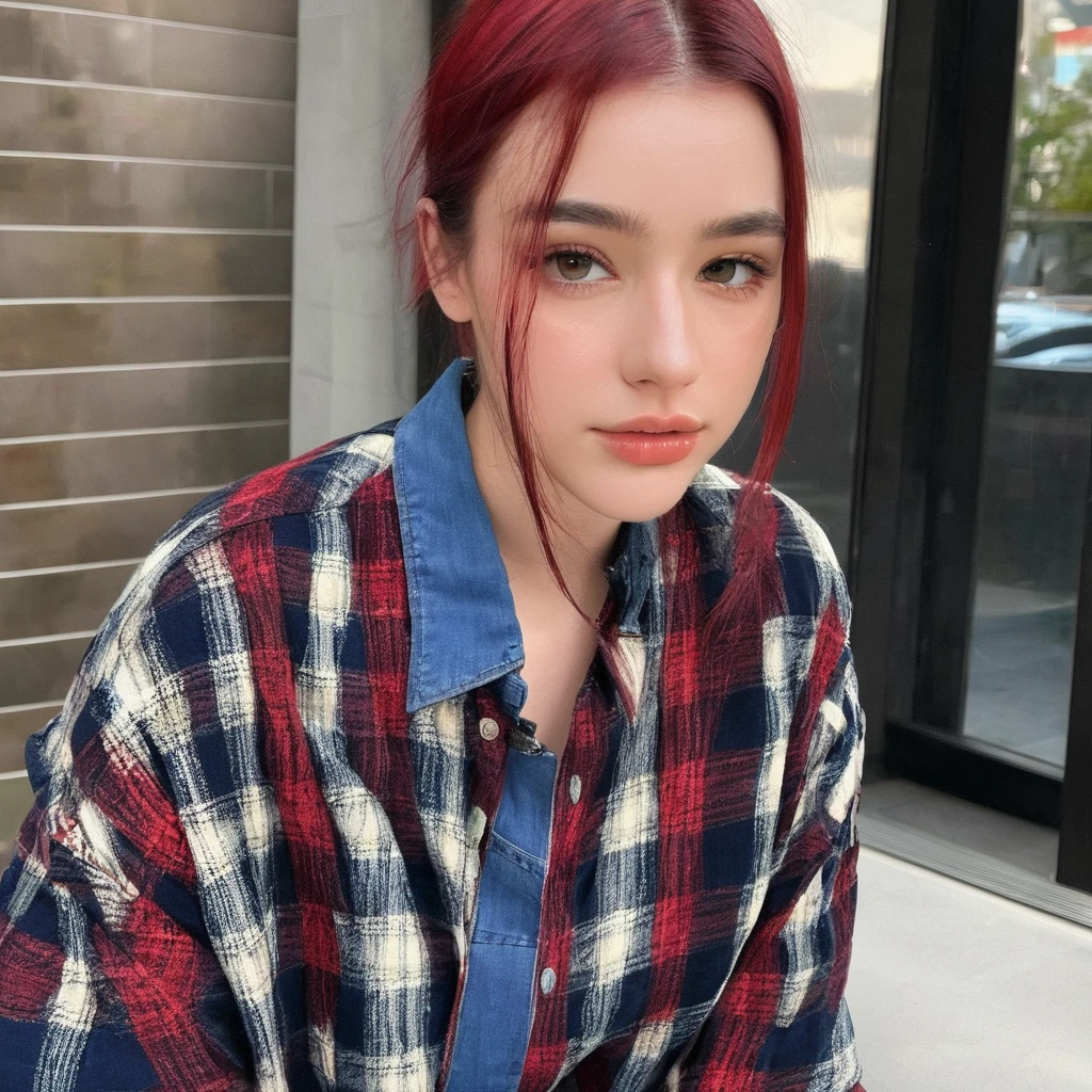 dasha_taran, wearing checkered red and black shirt and blue jeans, multicolored hair, looking at the viewer, ((sharp face, detailed face, realistic face, naturtal skin, realistic skin, detailed skin, pores))