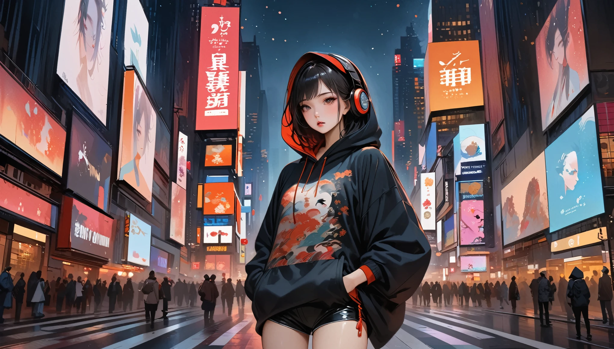 ((Masterpiece, high resolution, highest quality, highest quality real texture skin)), (wearing Japanese pattern headphones), (Beautiful Japanese woman with a very well-shaped face, height 155cm, beautiful glossy lips, whole body, hoodie) ,(Covers the hood, hands in pockets: 1.5, Japanese style shorts),(Outer box: 1.2, Japanese pattern hoodie, super mini shorts), (black hair, messy hair, beige skin), ((background design Times Square at night)), (surreal, digital painting)