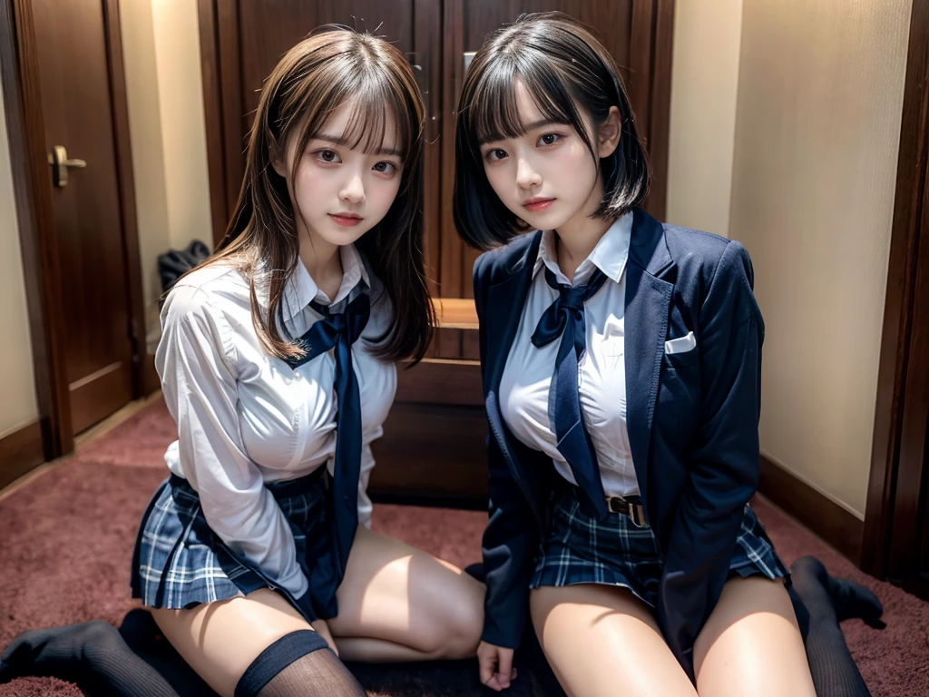 (8K, Raw photography, top-quality, ​masterpiece:1.2), master piece, best quality, illustration, Super detailed, fine details, High resolution, 8K,wall paper, perfect dynamic composition,(Details High quality, realistic depiction of eyes:1.3), ((2 girls, 2 schoolgirls)), The background is a luxury hotel room、High school girl uniform、blazer 、Super Short Check Uniform Skirt、Navy blue high socks、garterbelts、Colossal tits、Disturbed uniform, Play with each other,Touching each other's bodies,Touching the body of the girl next door, short bob hair, black hair color, huge breasts, Big Natural Color Lip, bold sexy pose, (perfect body shape), crying a little、cold gaze,  Beautiful makeup,glitter makeup,Cutest 18 years old, beautiful legs, hposing Gravure Idol, Voluptuous thighs