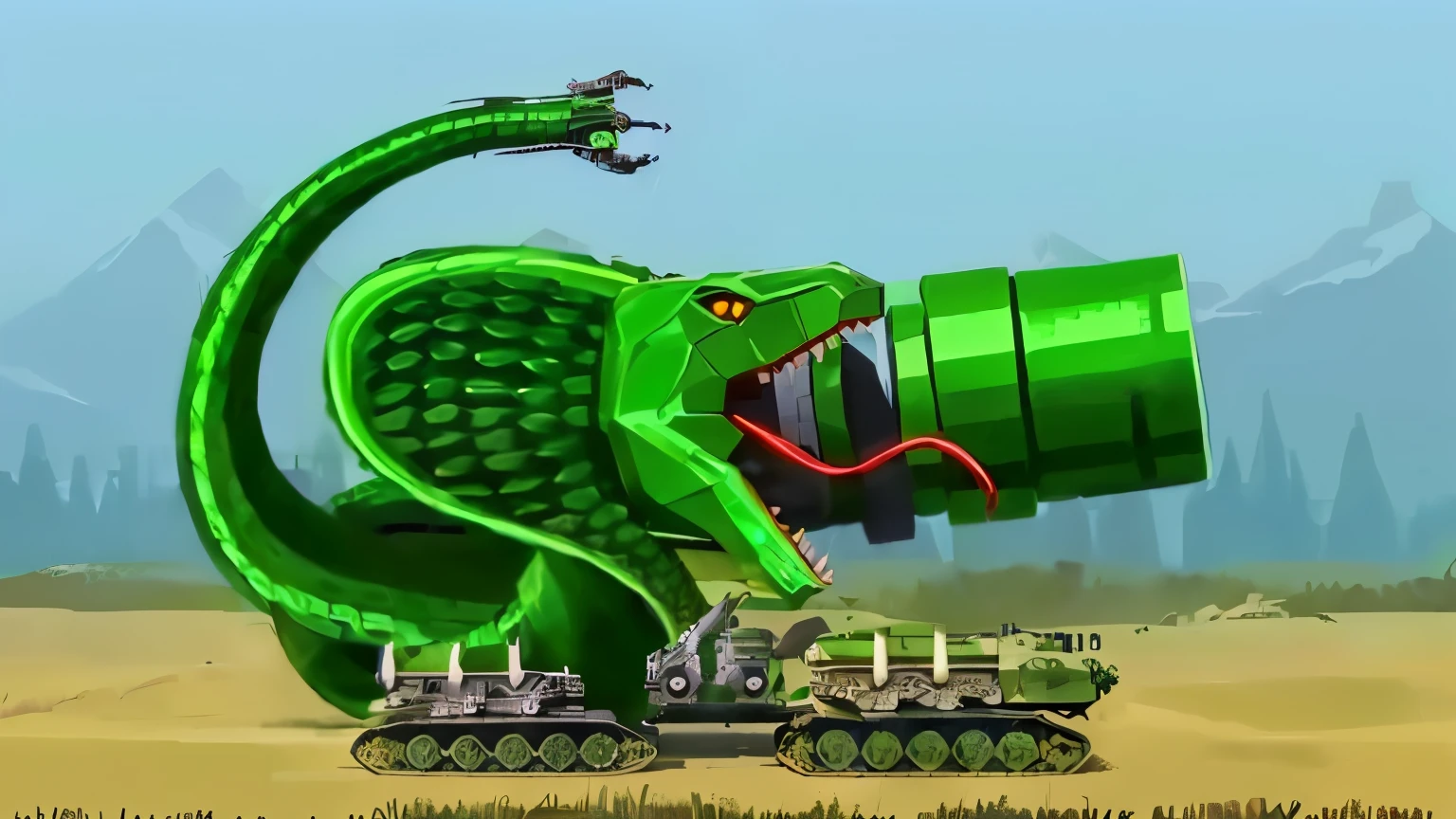 there is a green dinosaur that is on a tank with a large snake, giant coiling snake machine, giant snake castle, giant snake, tank has a large solid cannon, snake machine, massive tank, big snake, massive green dragon!!!, robot dragon claws, sandworm, his trunk is a huge tentacle, quetzalcoatl, jormungandr