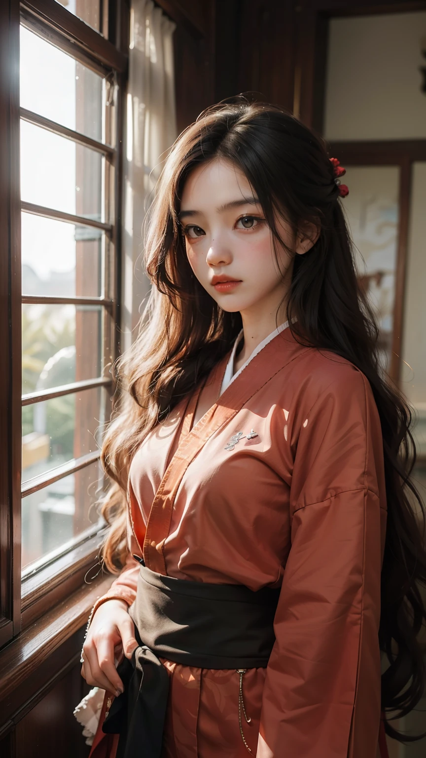A 19-year-old girl with long hair,Wearing red Hanfu,In the palace