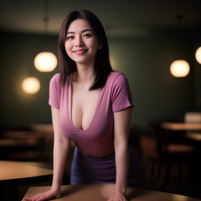 8K images, Shot with a high quality Fuji 45 camera.,000,000 pixels raw photo, best quality, Masterpiece:1.2), (realistic, photo-realistic:1.37), very detailed,1 woman,cute, Action in various poses, alone,Beautifully detailed sky,nighttime, in the restaurant,) ,big breasts, seductive smile, wide aperture, professional lighting, Sony A7R4, 50mm sessile lens. 2 medium sized breasts,Beautifully detailed eyes,(dark pink t-shirt,) Long hair floats up:1.2) realistic light colors,)