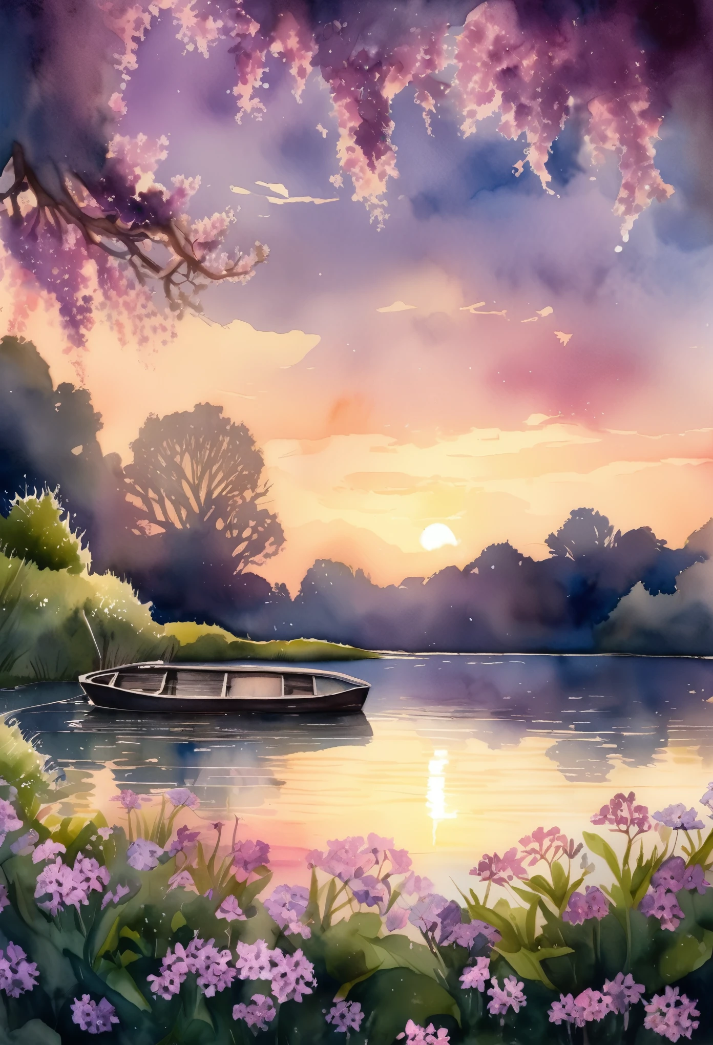 detailed background,( Calm spring night landscape), amongst lush greenery, beautiful view, creeping phlox in full bloom, creeping phlox, early morning, sunrise sky, beautiful clouds, dappled sunlight, outdoor seating, one lamp, Tranquil Lake, Boat on a Lake, depth of field, masterpiece, best quality, ultra-detailed, very aesthetic, illustration, perfect composition, intricate details, absurdres, moody lighting, wisps of light, no humans, Watercolour