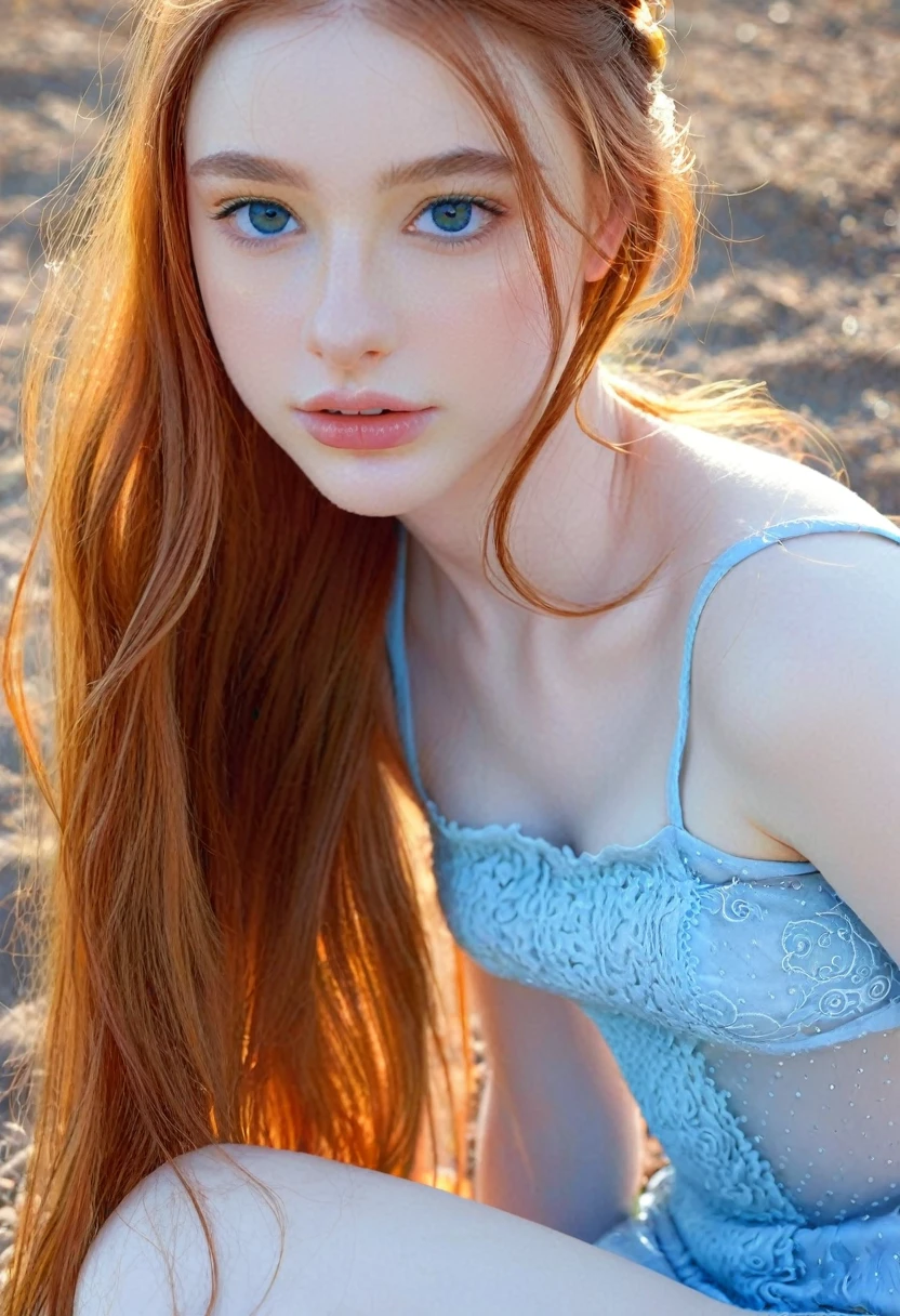 ((intricate details, pale skin)), solo, very detailed, detailed face, very long hair, picture of a beautiful young woman, dasha_taran, sfw, ((natural orange hair)), High Definition RAW Photography, 16k photography, (full body), standing, delicate facial features, pretty face, detailed full body, visible from head to knees, (bright sky-blue eyes:1.2), mesmerizing eyes, emotive longing expression, (cinematic, film grain:1.1)