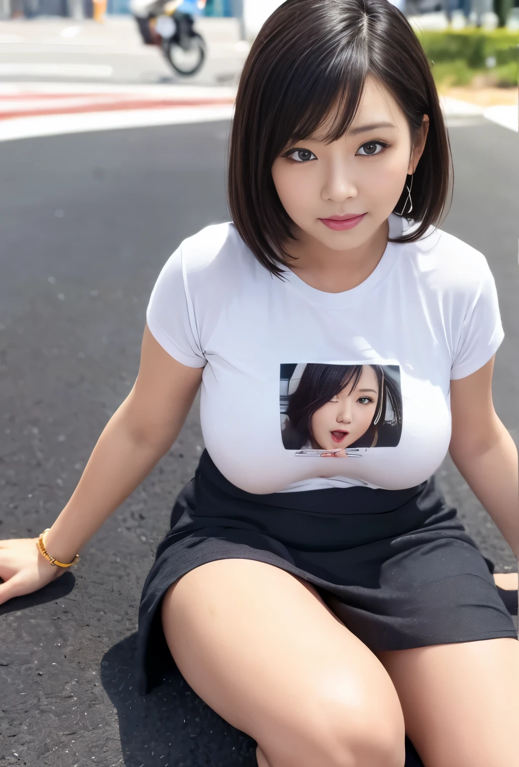 Beautiful Japan woman in her 40s, (Holding a smartphone in one hand), Immediately after the fall, (sitting on the road, half spread legs, with one hand behind:1.2), on the street, (Surprised face), {t-shirt, shirt, skirt, panties:1.1}, open mouth, close one eye, Realistic, Realistic, Realistic body shape, Very detailed, highest quality, 8k, Sharp focus, High resolution, Ideal ratio, detailed face, wrinkles skin, looking at viewer