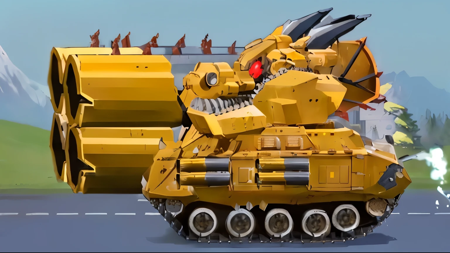 cartoon of a yellow tank with a dragon on it driving down a road, tank has a large solid cannon, well armored mech dragon, robot dragon claws, massive tank, anime art vehicle concept art, sharp robot dragon claws, pokemon military drill, rocket league tank, robot dragon feet, sharp robot dragon paws, tank with legs, futuristic tank is on fire, futuristic battle tank